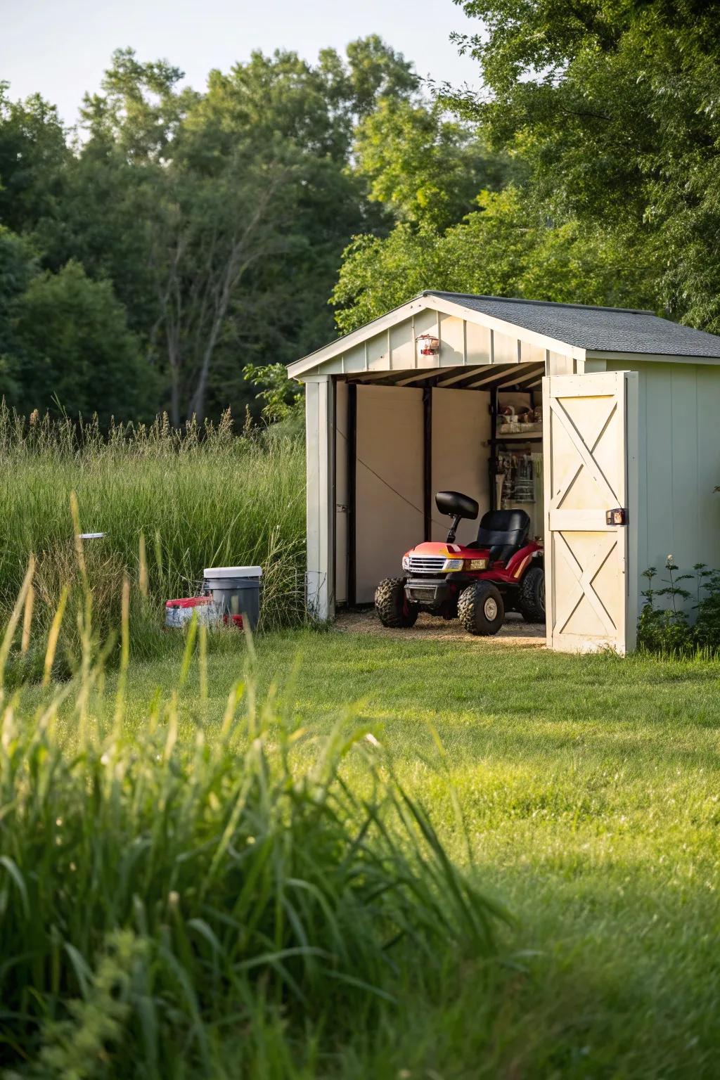 Outdoor storage unit providing safety for electric ride-on cars.