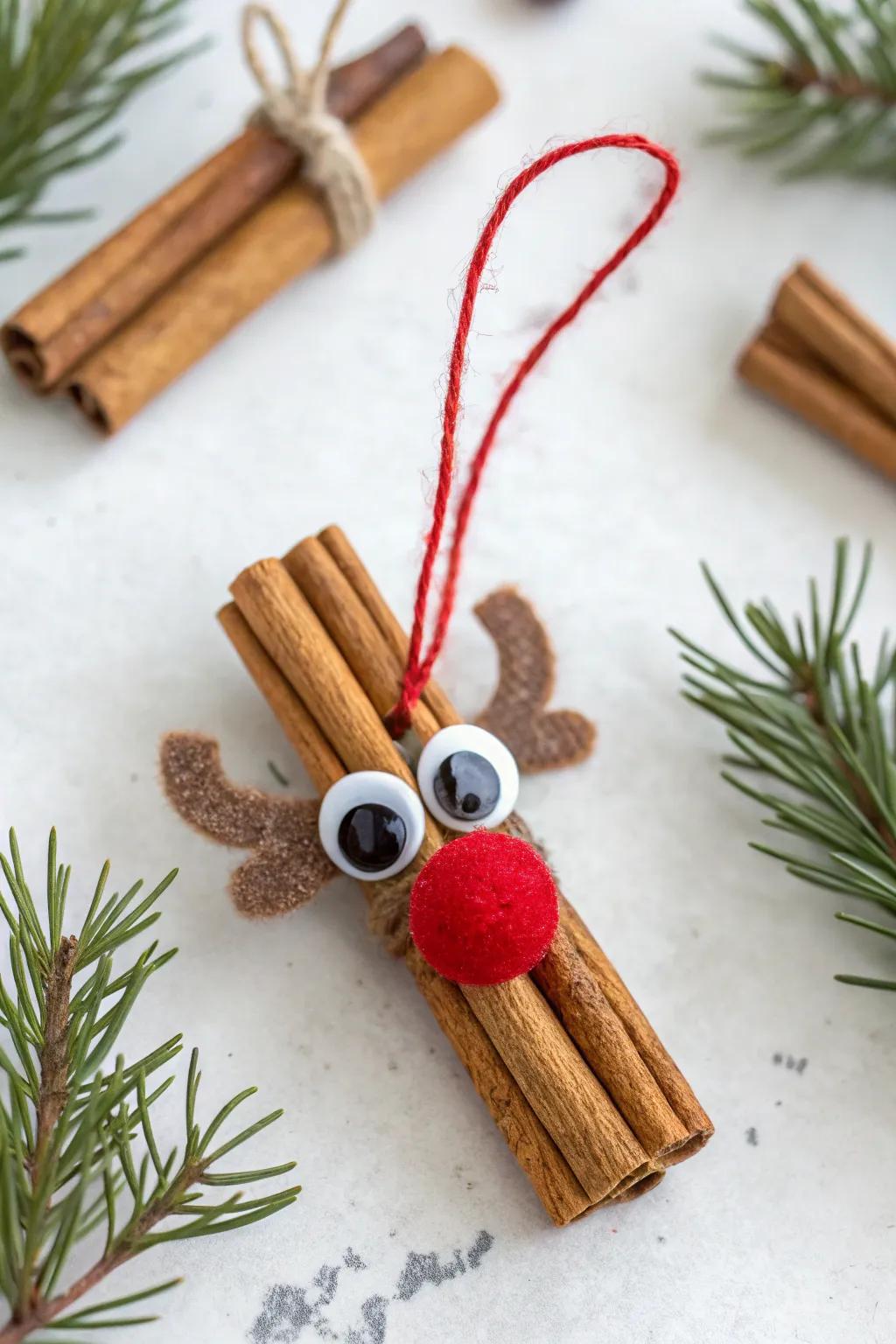 An adorable cinnamon stick reindeer, ready to spread holiday cheer and a delightful scent throughout your home.