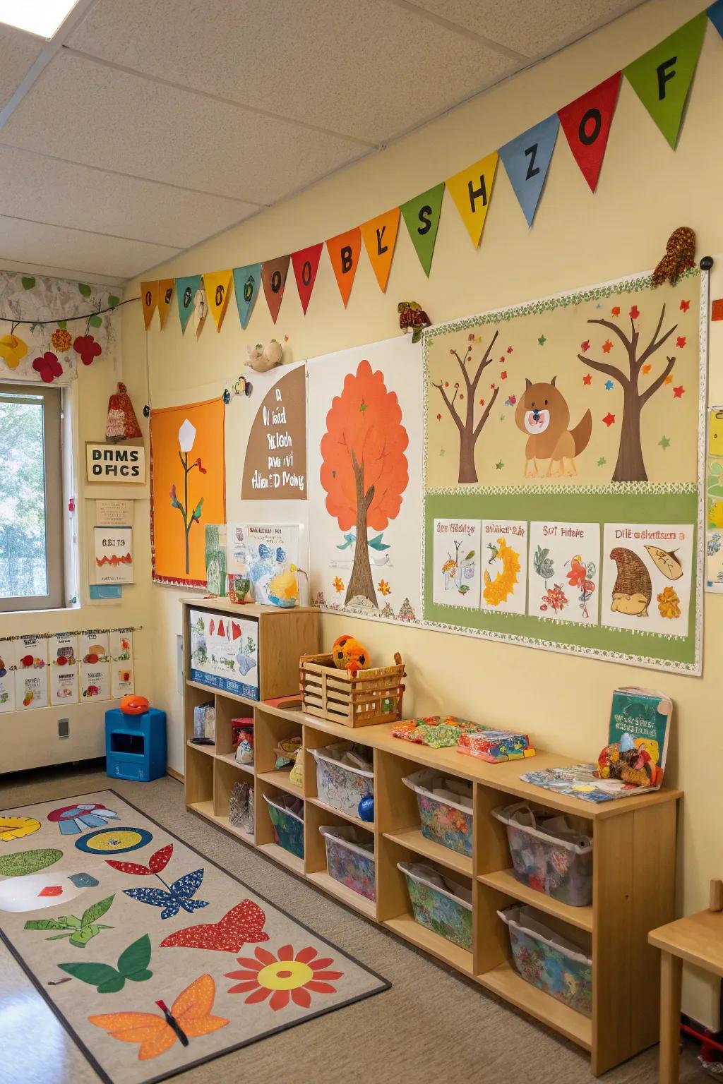Classroom featuring themed decorations of the seasons and various animals for a unified aesthetic.