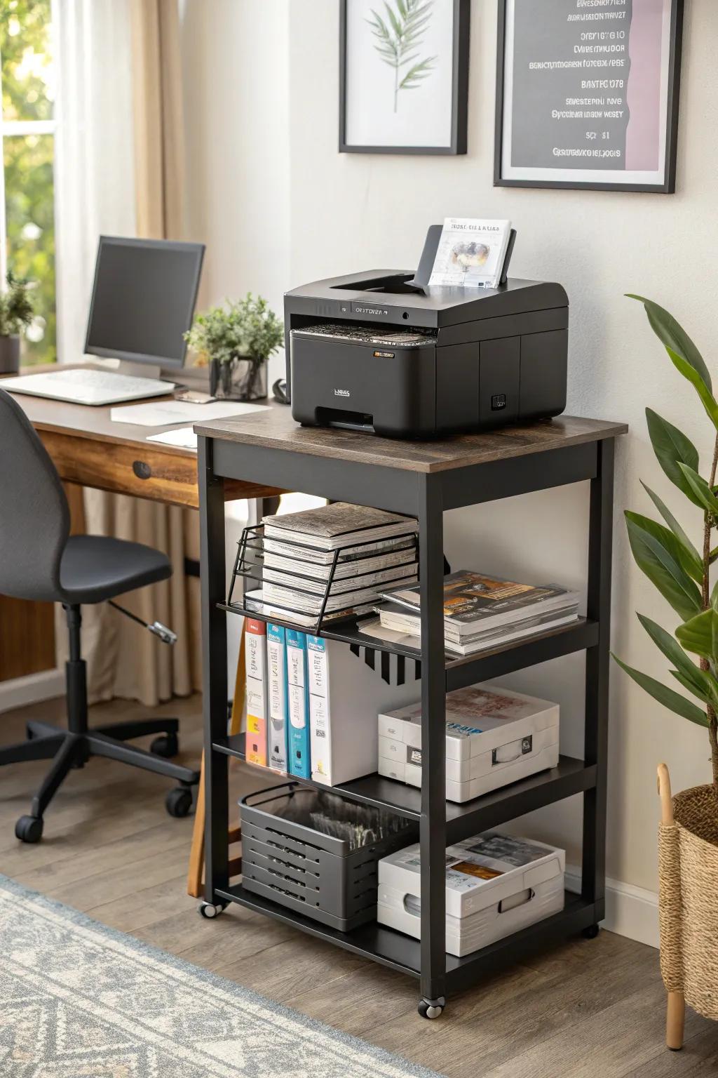 Printer stand with built-in storage to keep paper at hand.