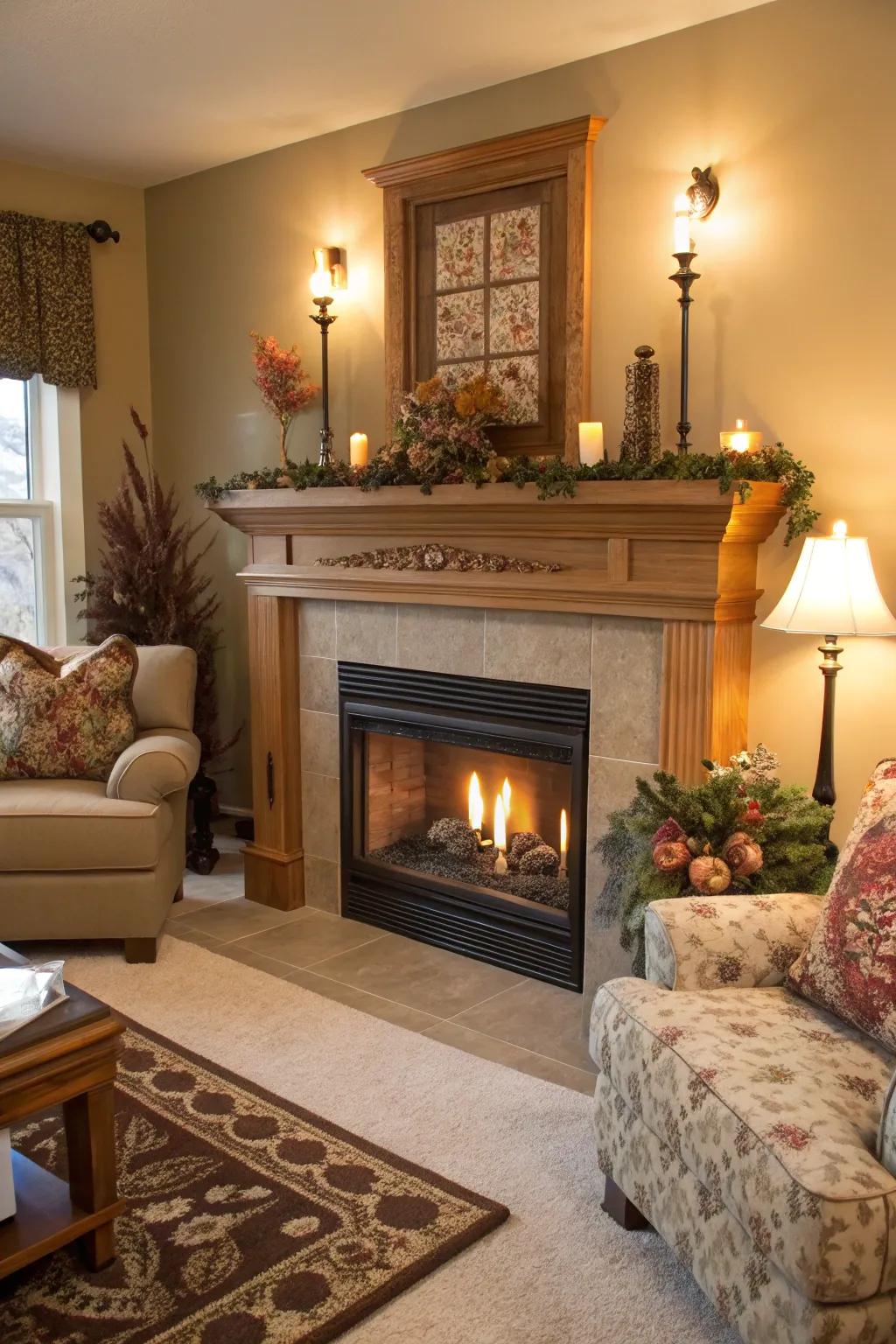 A comfortable living area featuring a propane fireplace and charming top piece decorations.