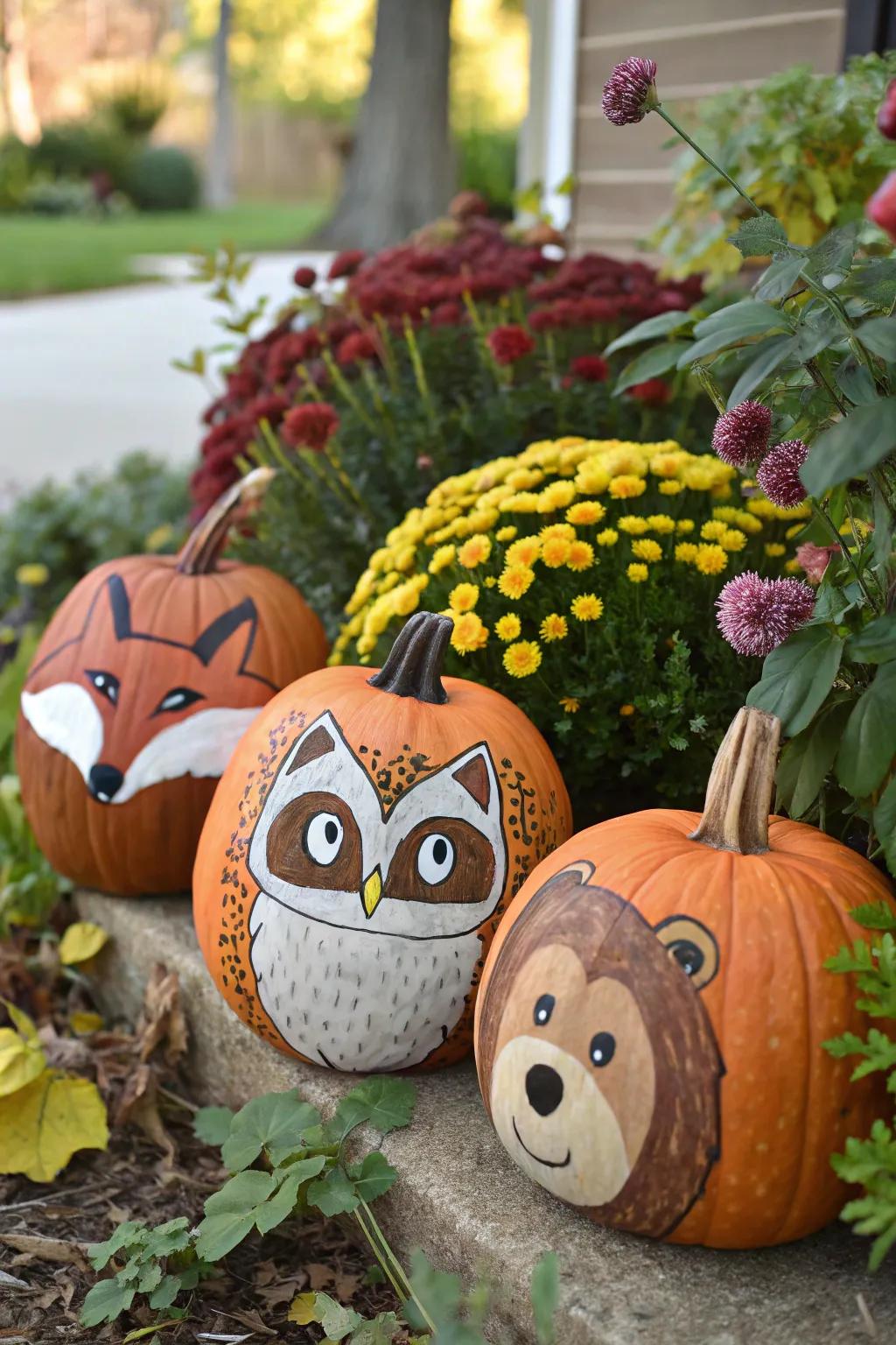 Animal face pumpkins are perfect for a whimsical touch.