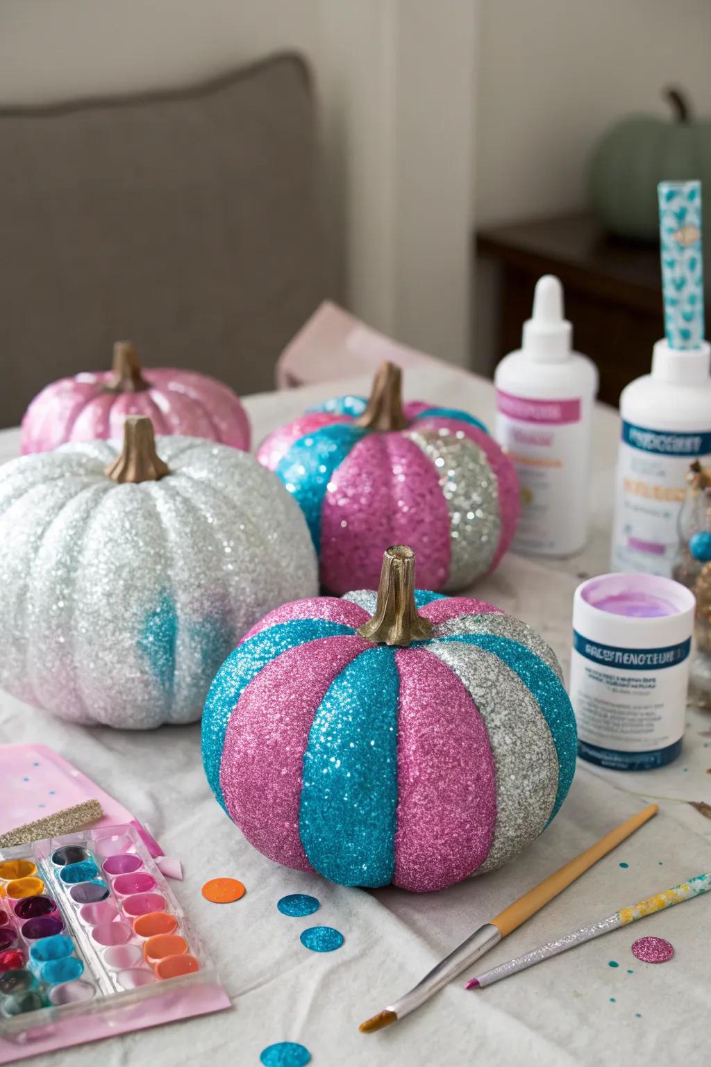 Pumpkins covered in glitter, shimmering beautifully.