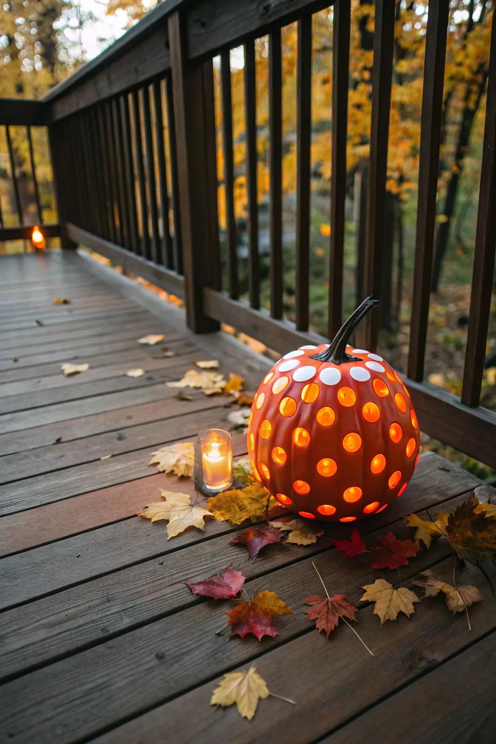 A cheerful dotted pumpkin emitting a cozy glow on a fall evening.