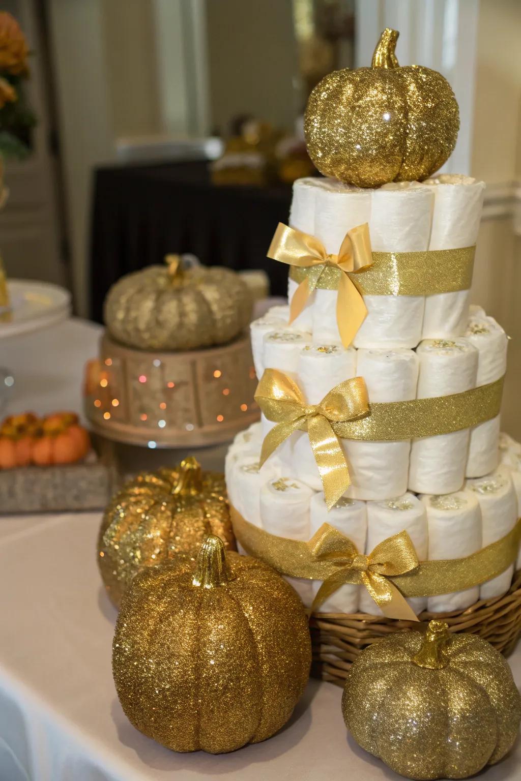Gleaming golden pumpkin diaper cakes introduce a hint of elegance to your design.