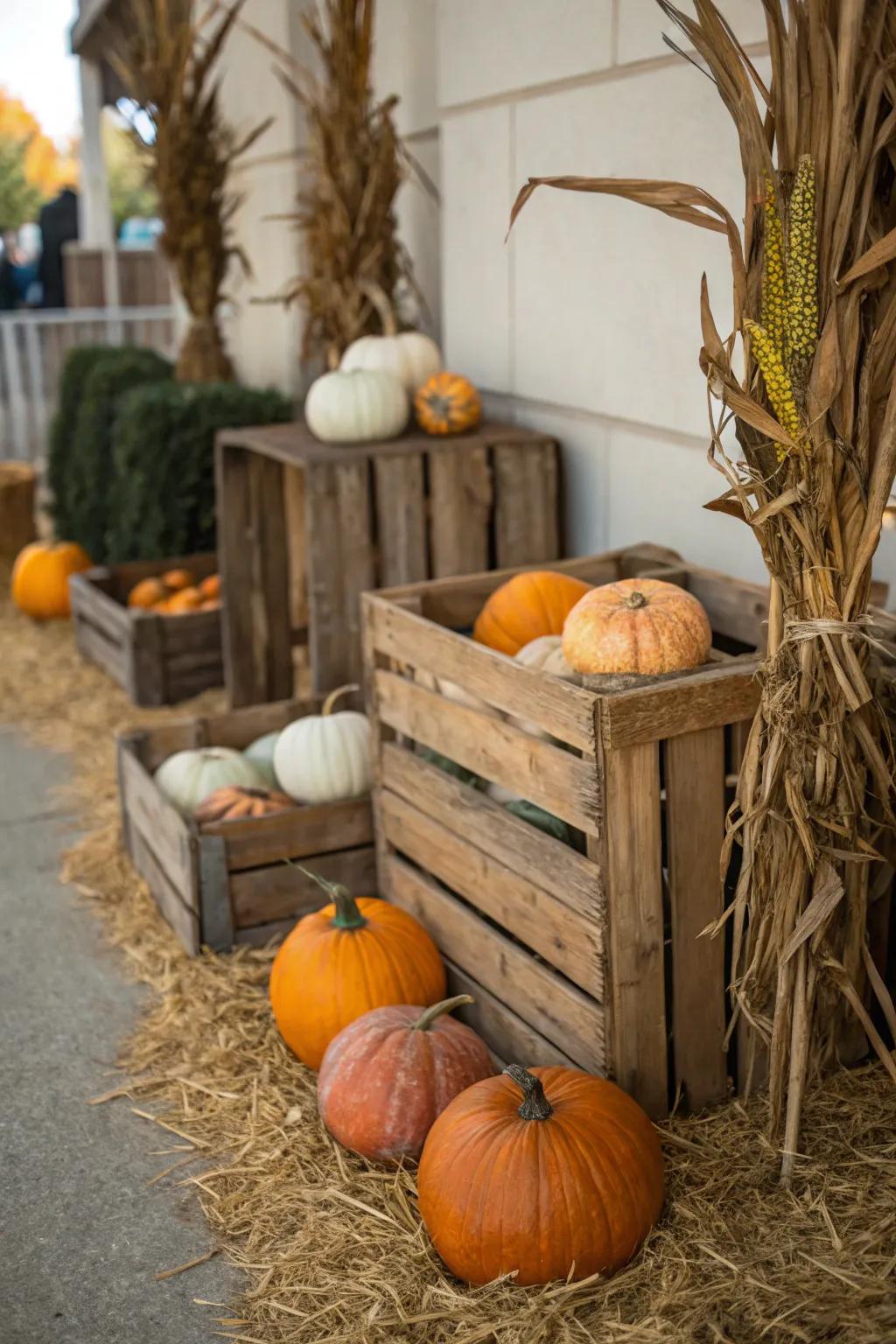 A rustic pumpkin display utilizing wooden crates and natural elements.
