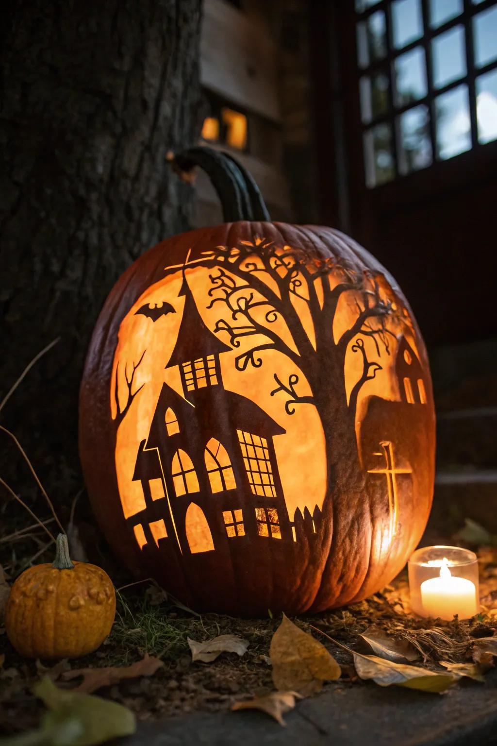 An eerie abode pumpkin that contributes a spooky element to your Halloween.