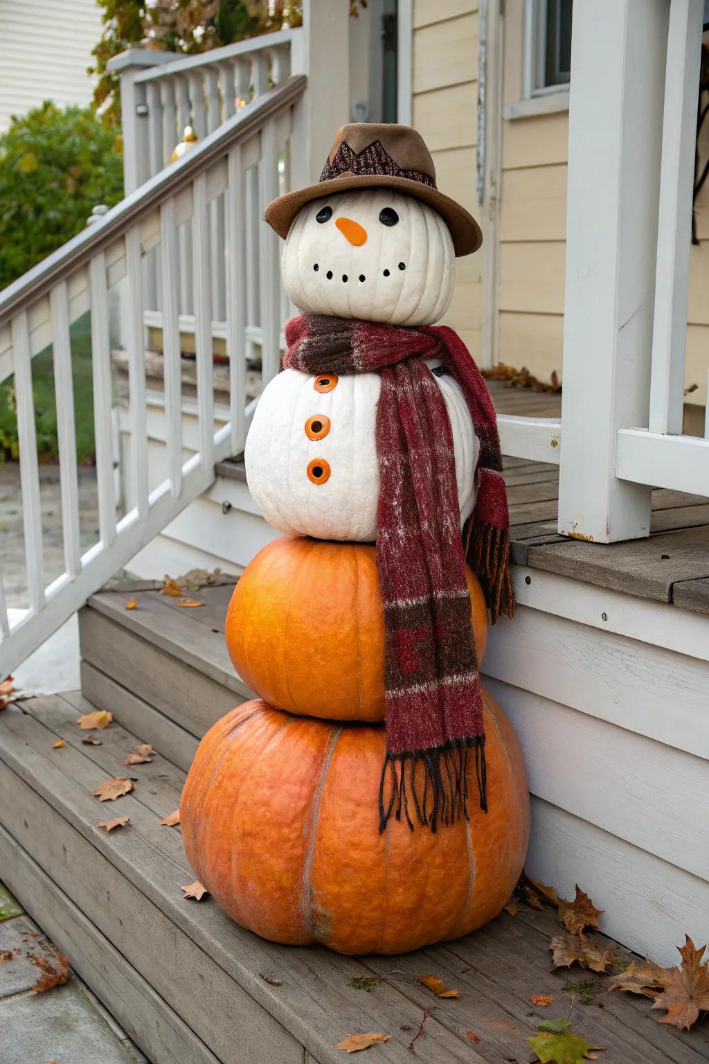 A fun snowman made of stacked gourds.