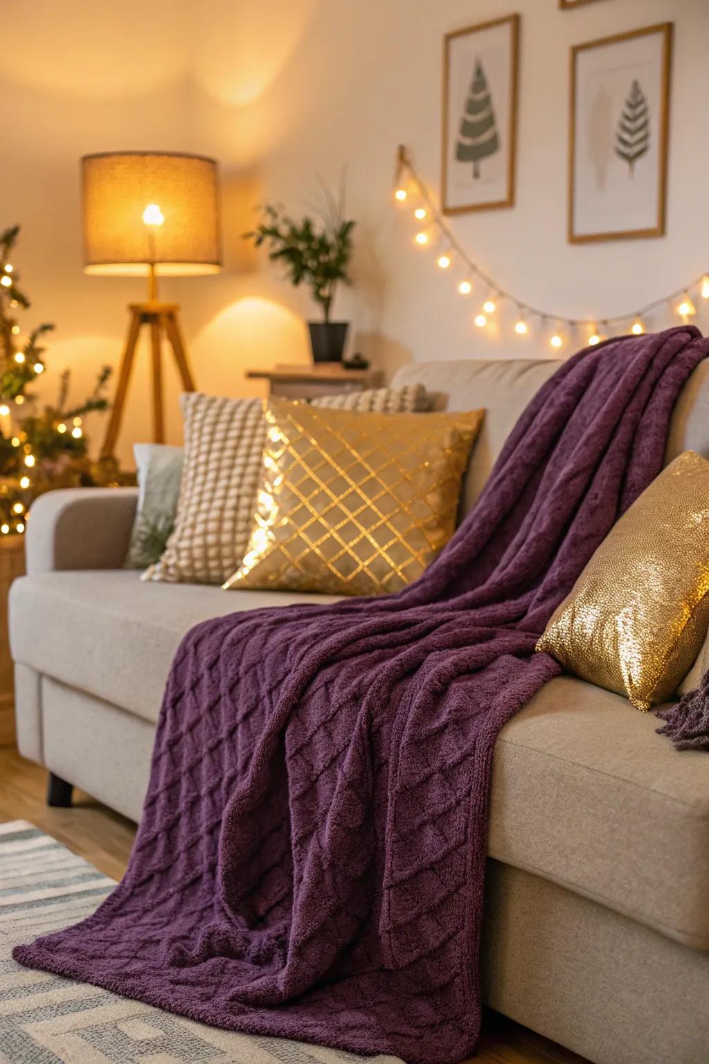 Layering with a purple throw lends texture and warmth.