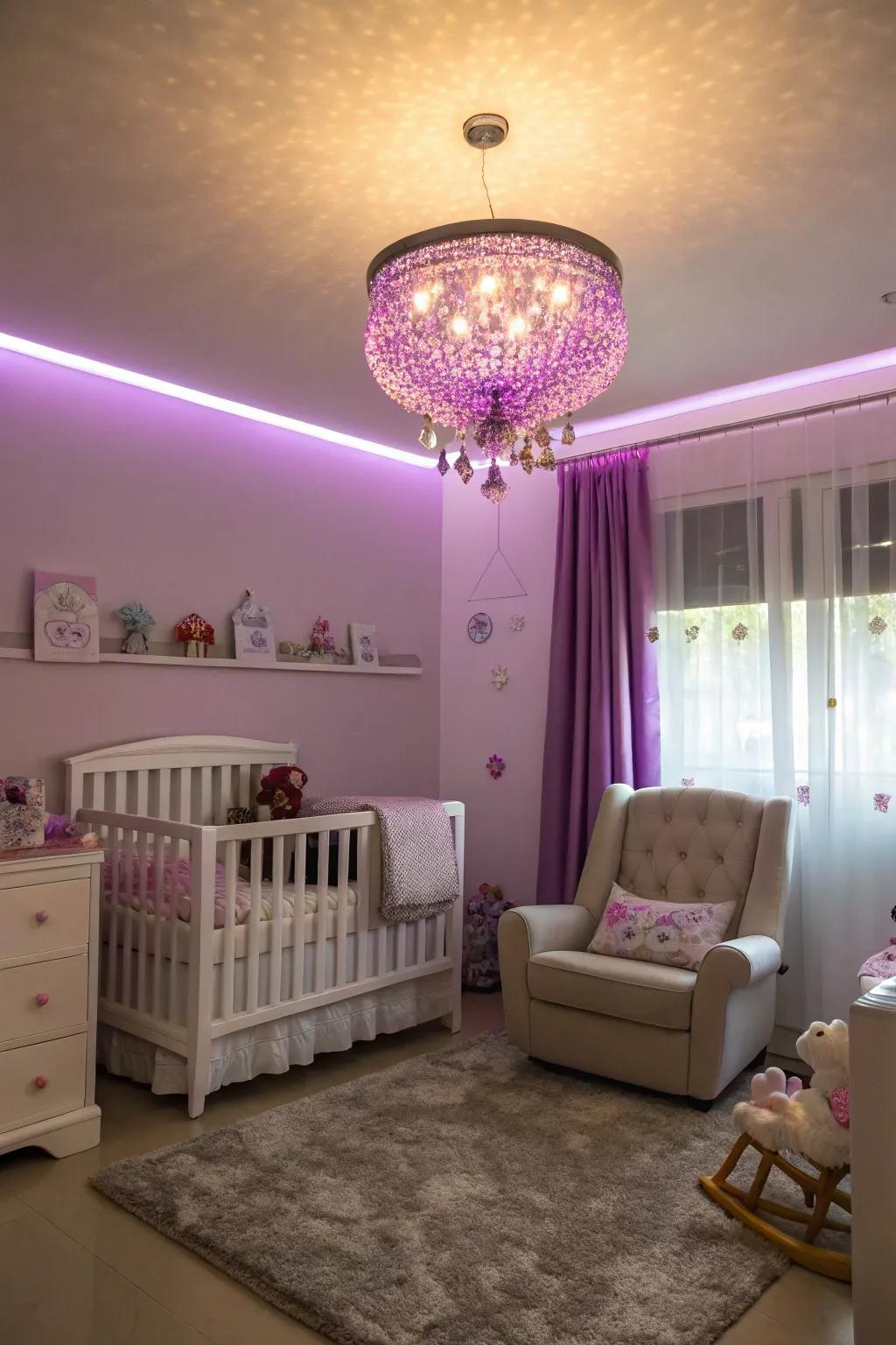 Purple lighting adds refinement to the nursery.