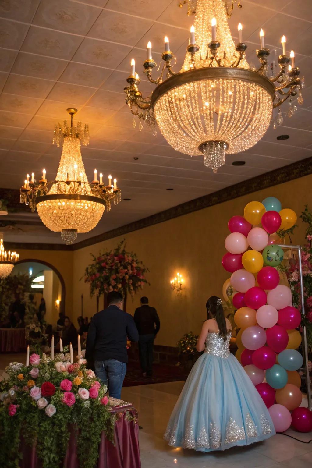 Chic chandeliers create a magical and welcoming atmosphere.