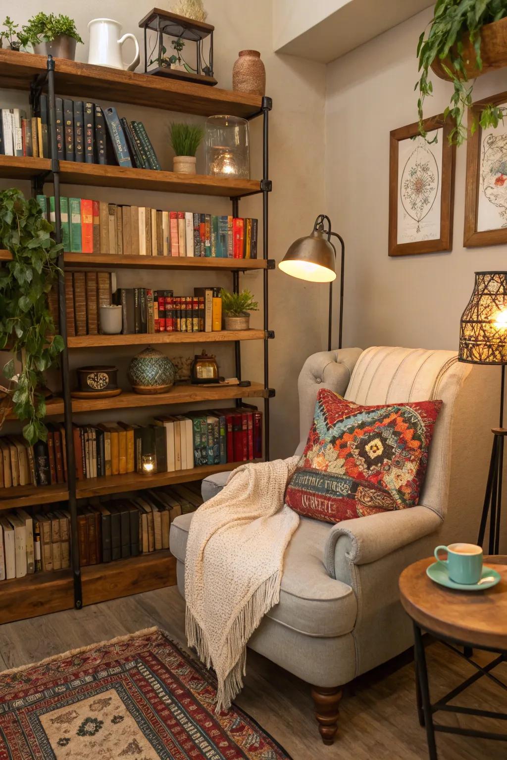 A cozy and diverse reading corner for book lovers.
