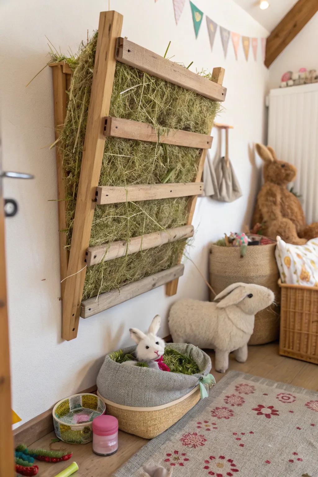 A DIY hay holder that's easy for rabbits to use.