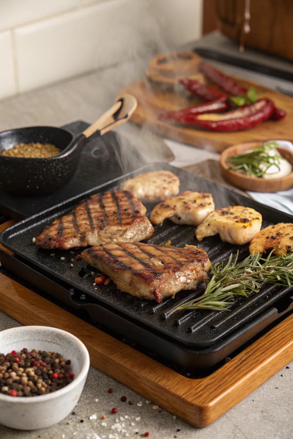 Grilled meats bring savory richness to the raclette feast.