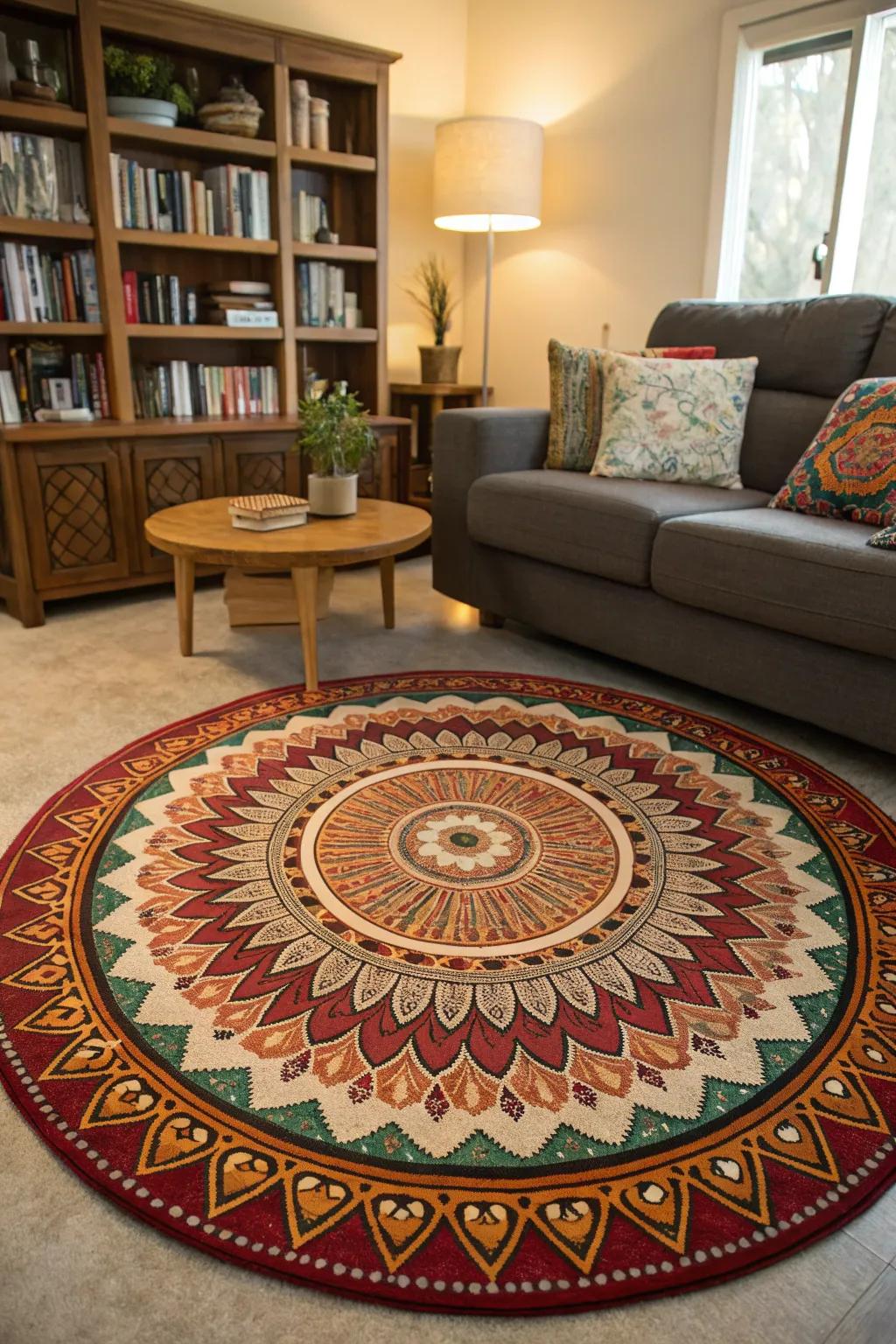 A family room arranged around a rug of radial design.