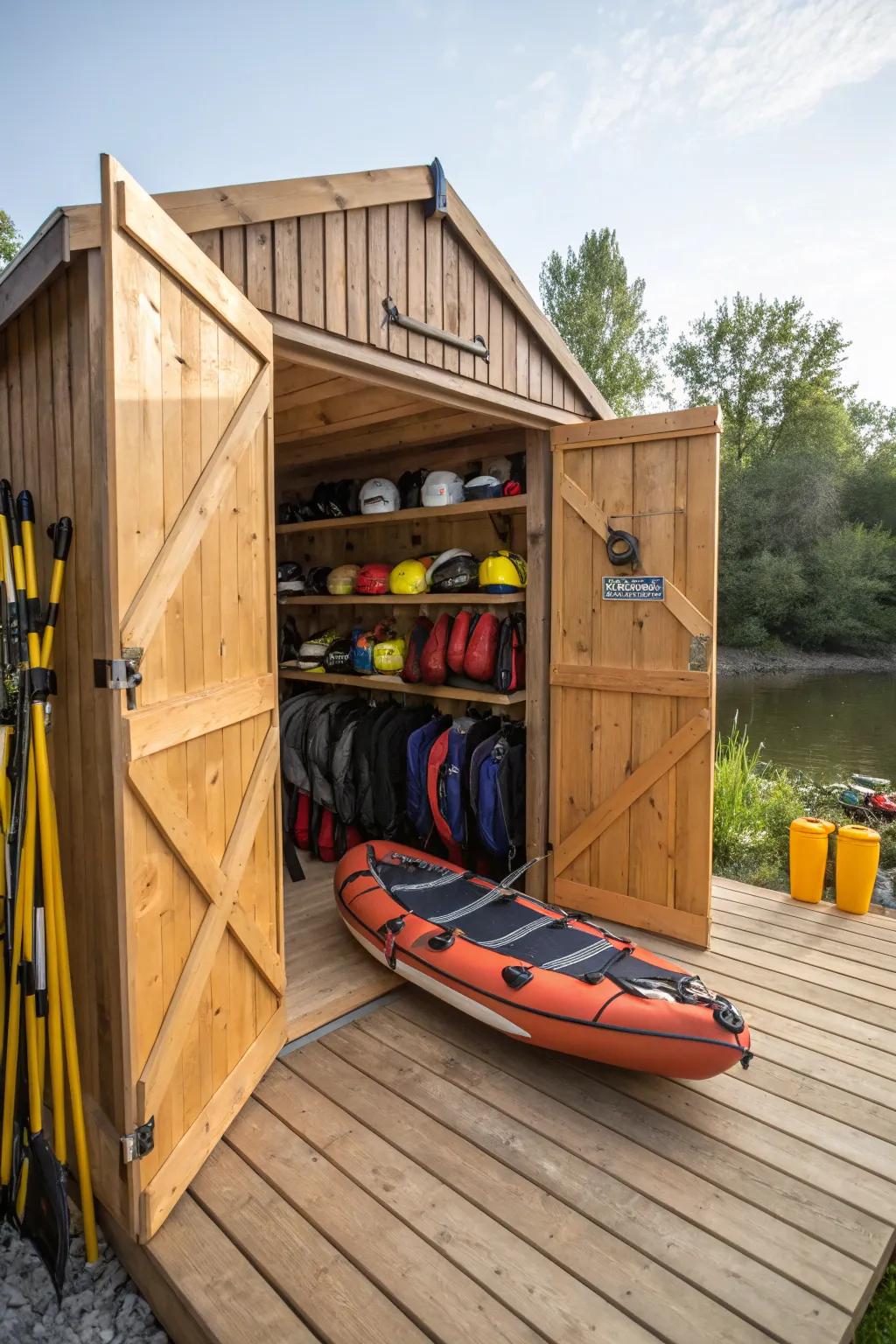 A custom shed offers dedicated space for your aqua vessel and gear.