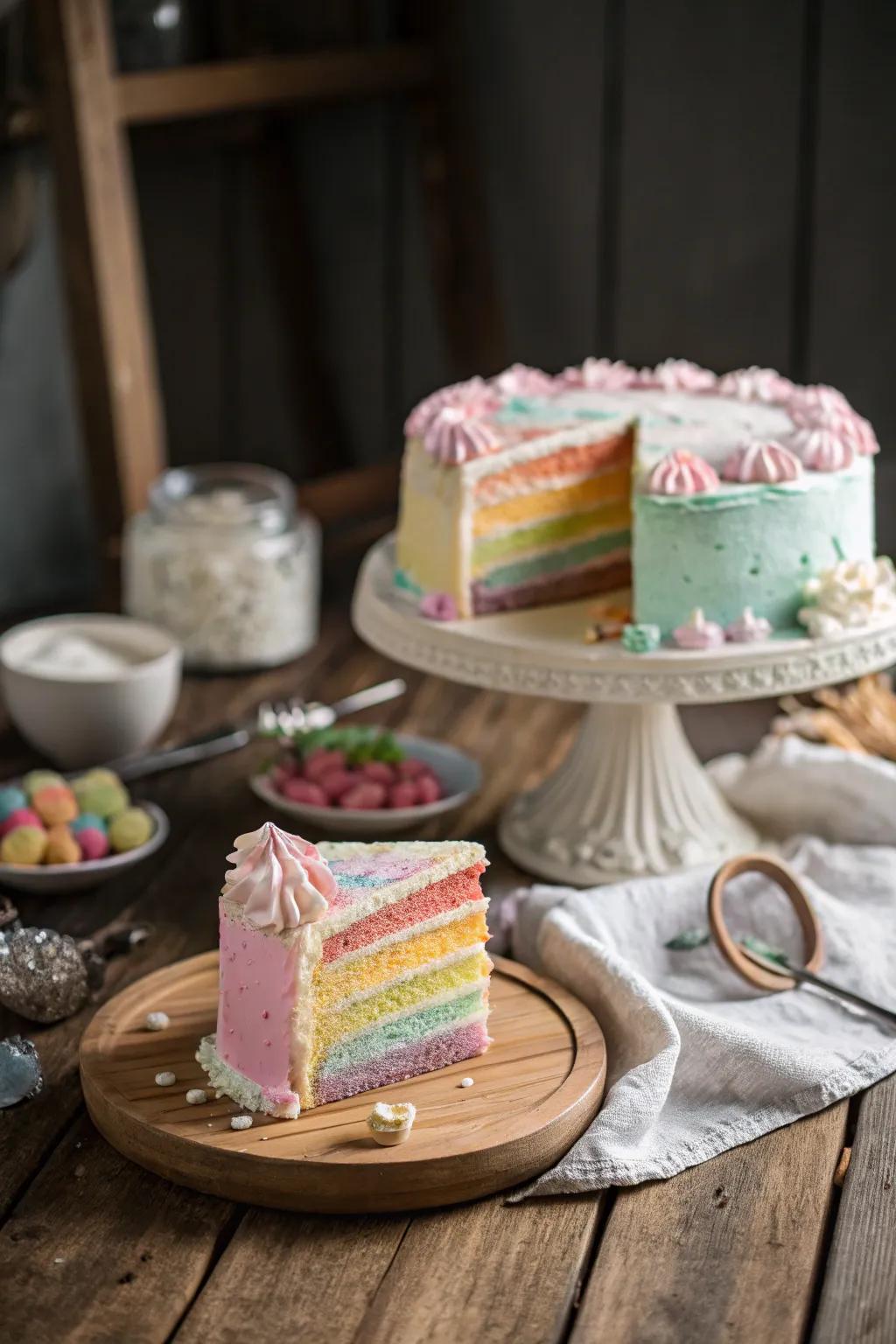 Light tiers contribute a gentle elegance to the color spectrum confection.