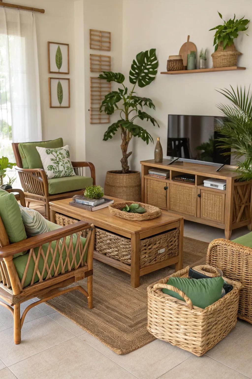 Use natural textures like wicker and wood for an authentic feel.