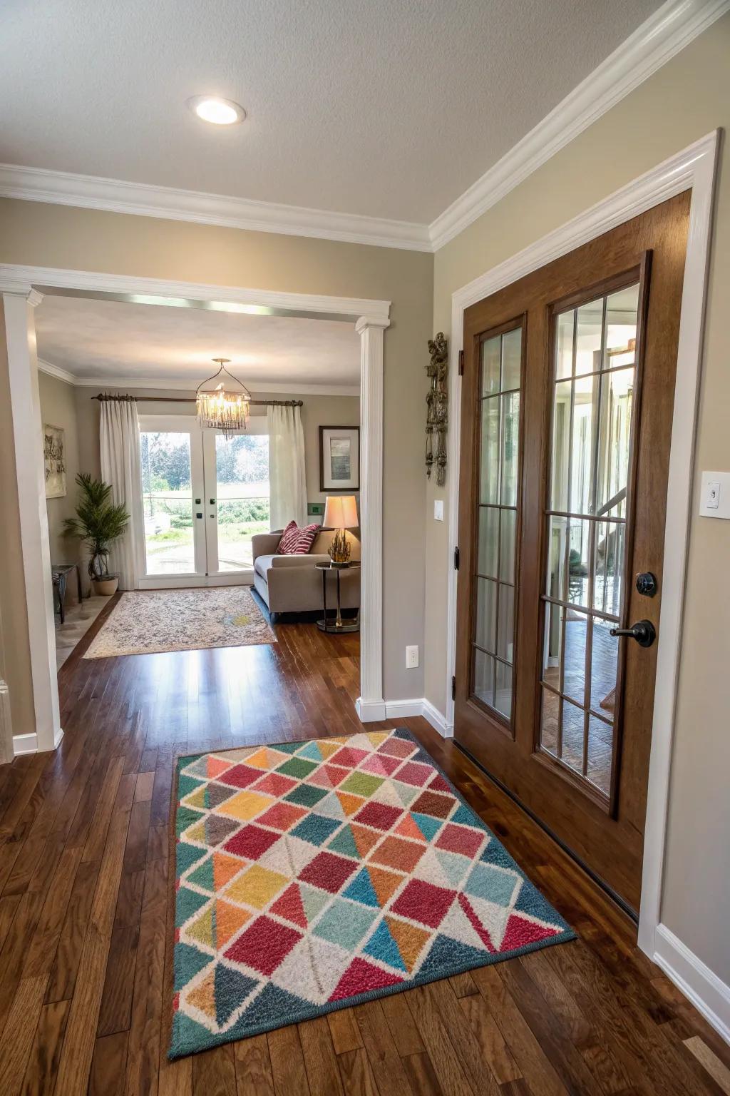 An area rug adds a touch of style and comfort to the entryway.