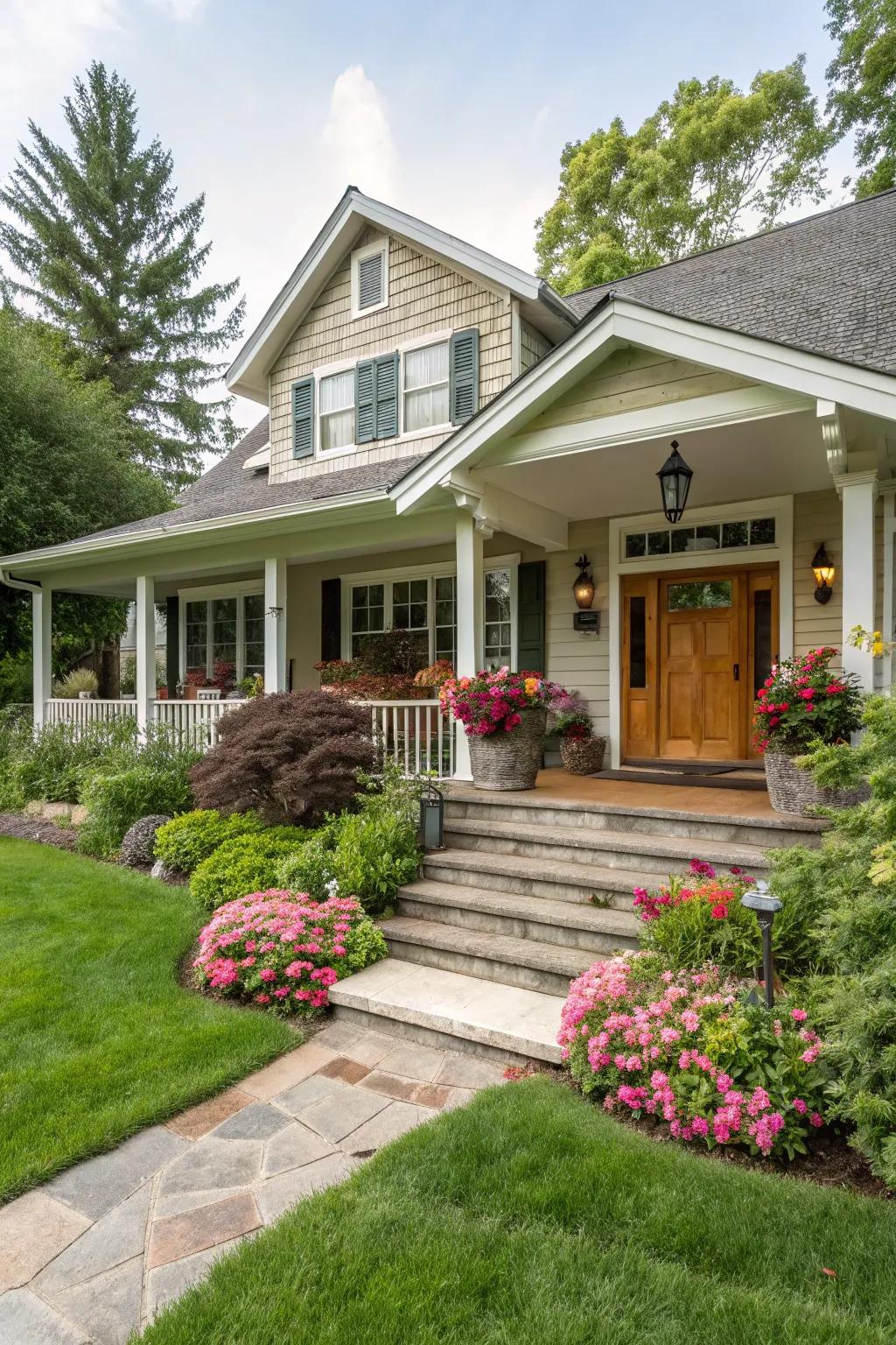 A pointed entryway brings character to this charming ranch house.