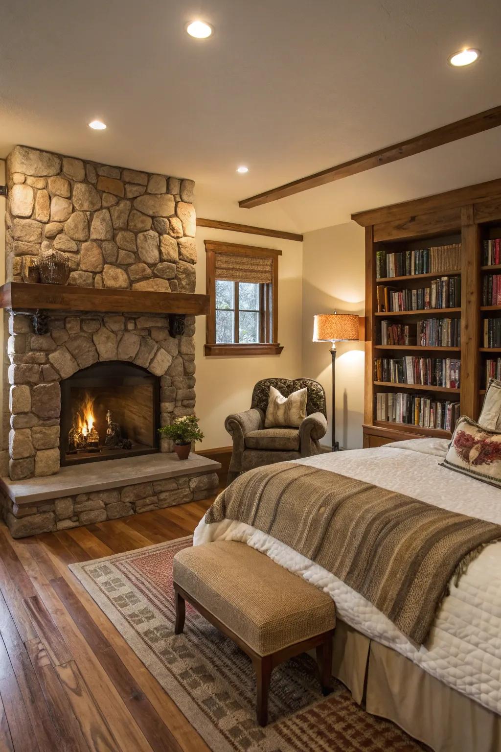 A bedroom showcasing a stone fireplace and a cozy seating arrangement.