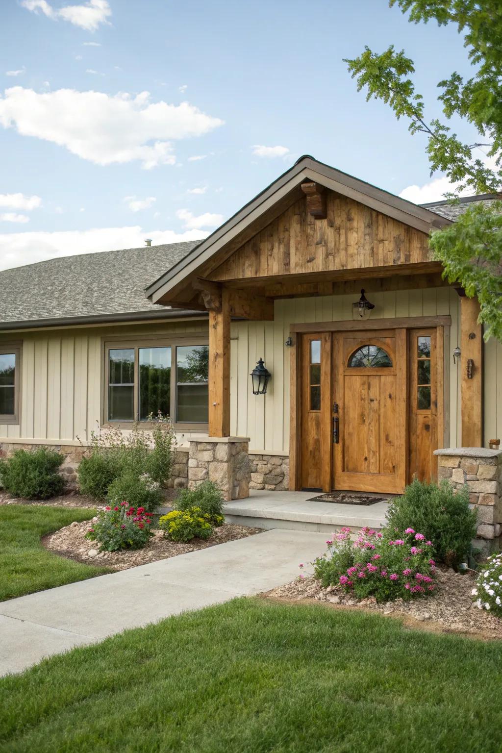 Farmhouse character with a rustic wood portal.