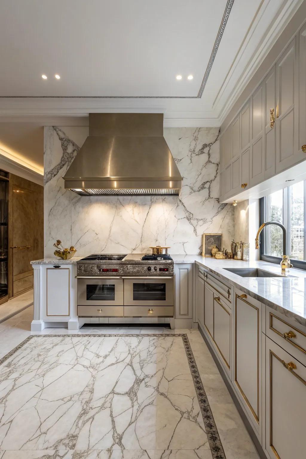 Luxurious kitchen with a marble backsplash and a matching range hood for an elegant touch.