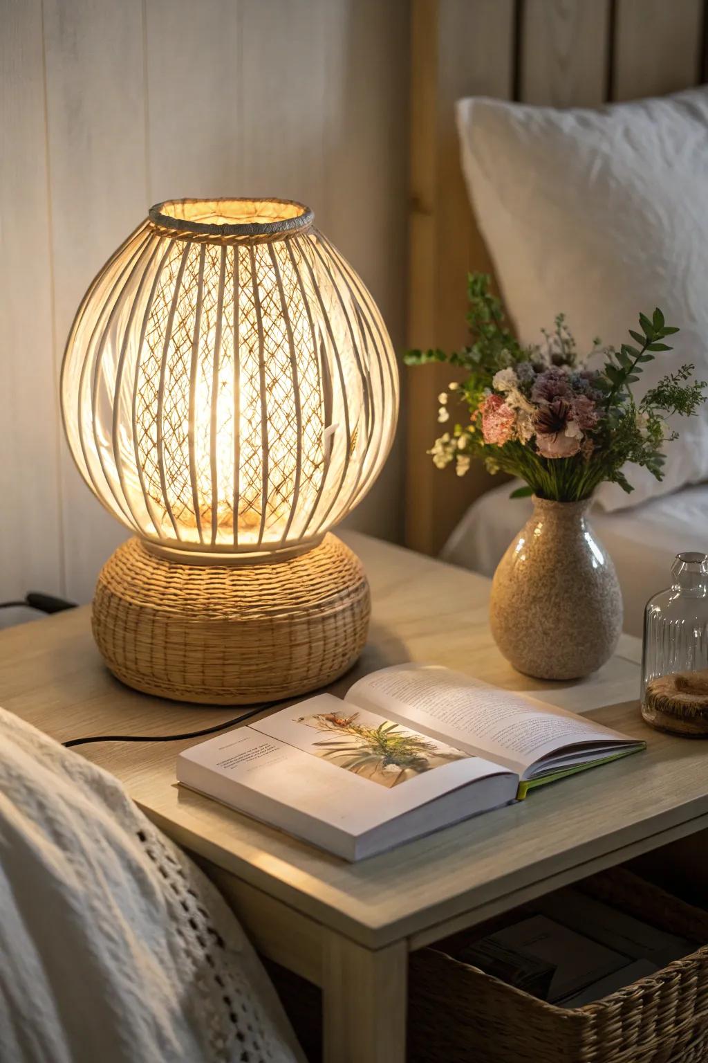 A rattan lamp adds a comfortable radiance to your bedroom.