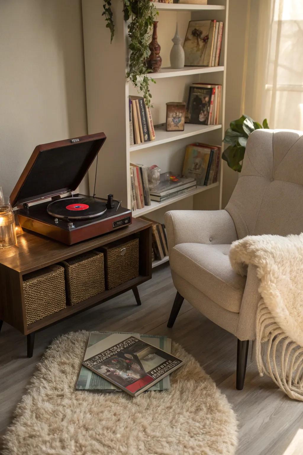 Comfort spot with a record player and a cozy place to sit.
