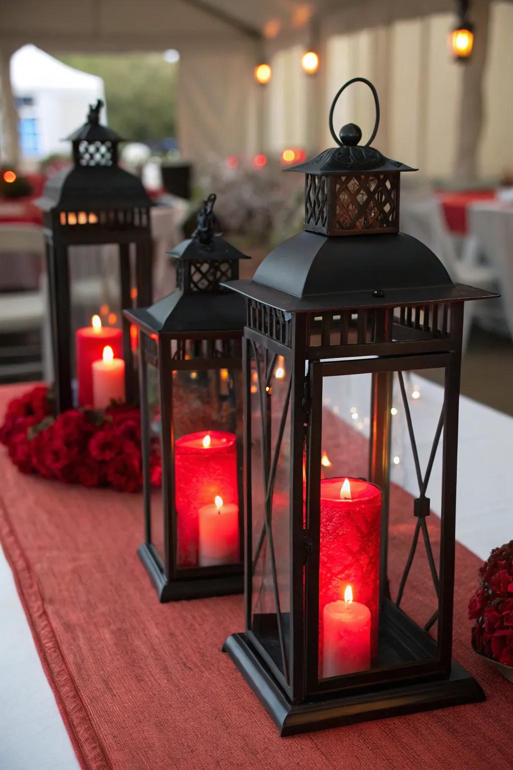 Charcoal lanterns containing scarlet lights produce welcoming display exhibit.