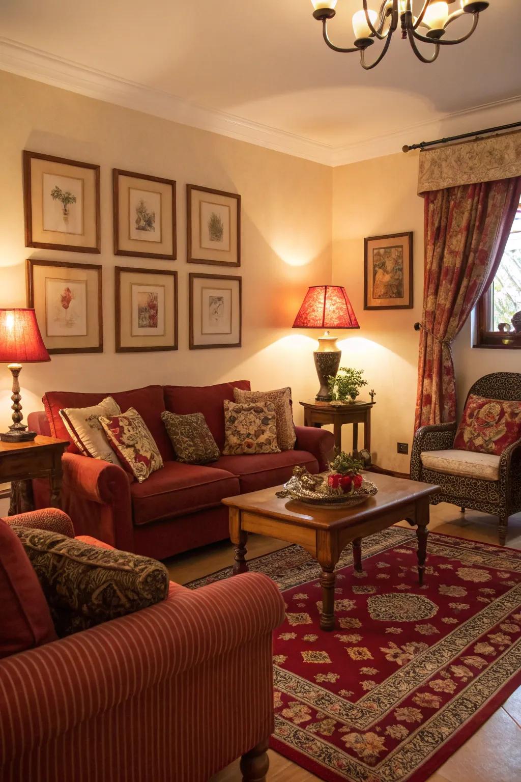 Warm lighting enhances the cozy vibe of a crimson and chocolate living room.