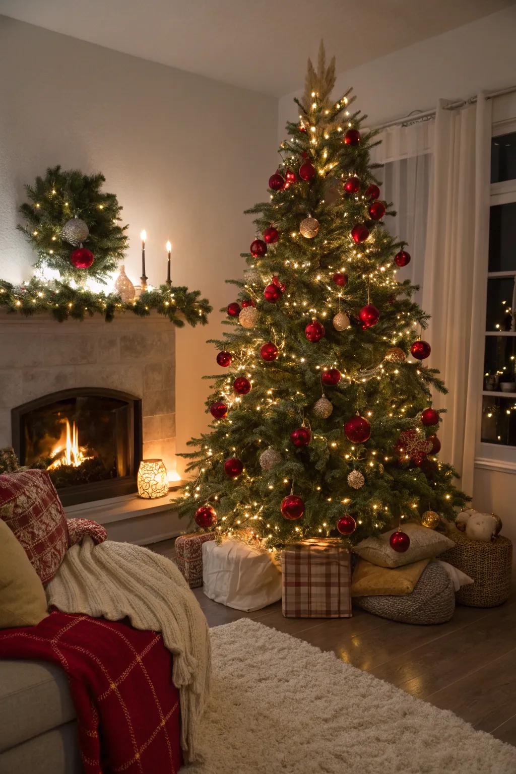 Cozy ivory lights beautifully accentuate the scarlet and gold theme.