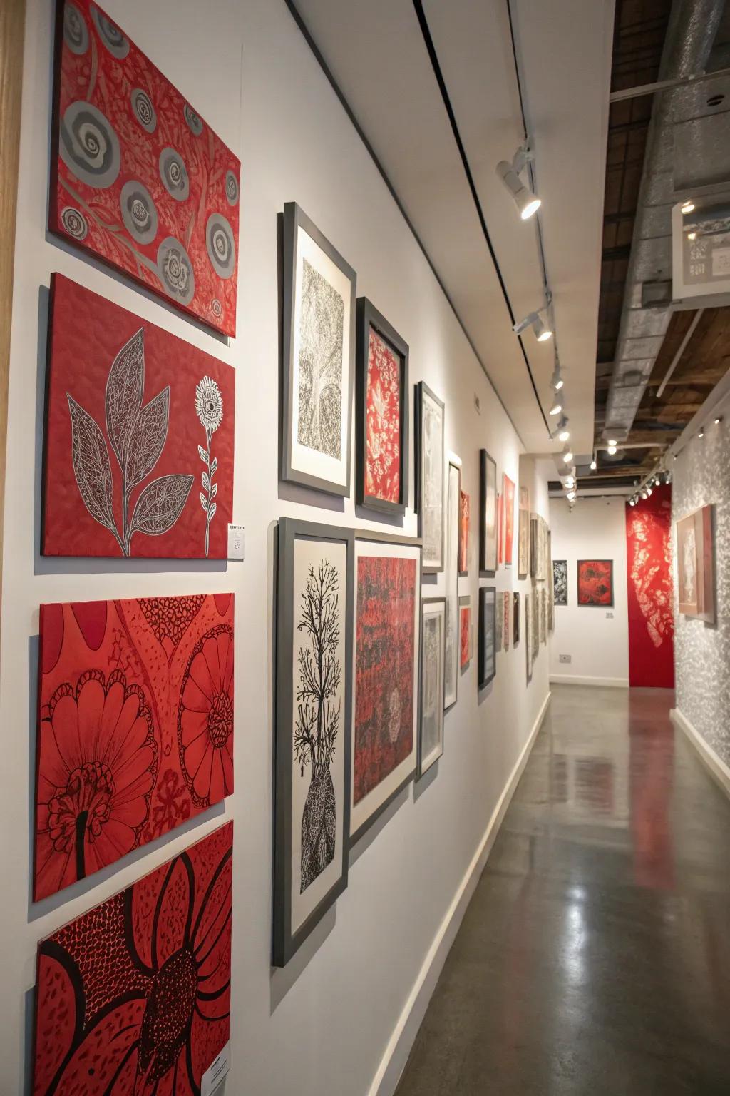A gallery wall exhibiting scarlet and ash artistry.