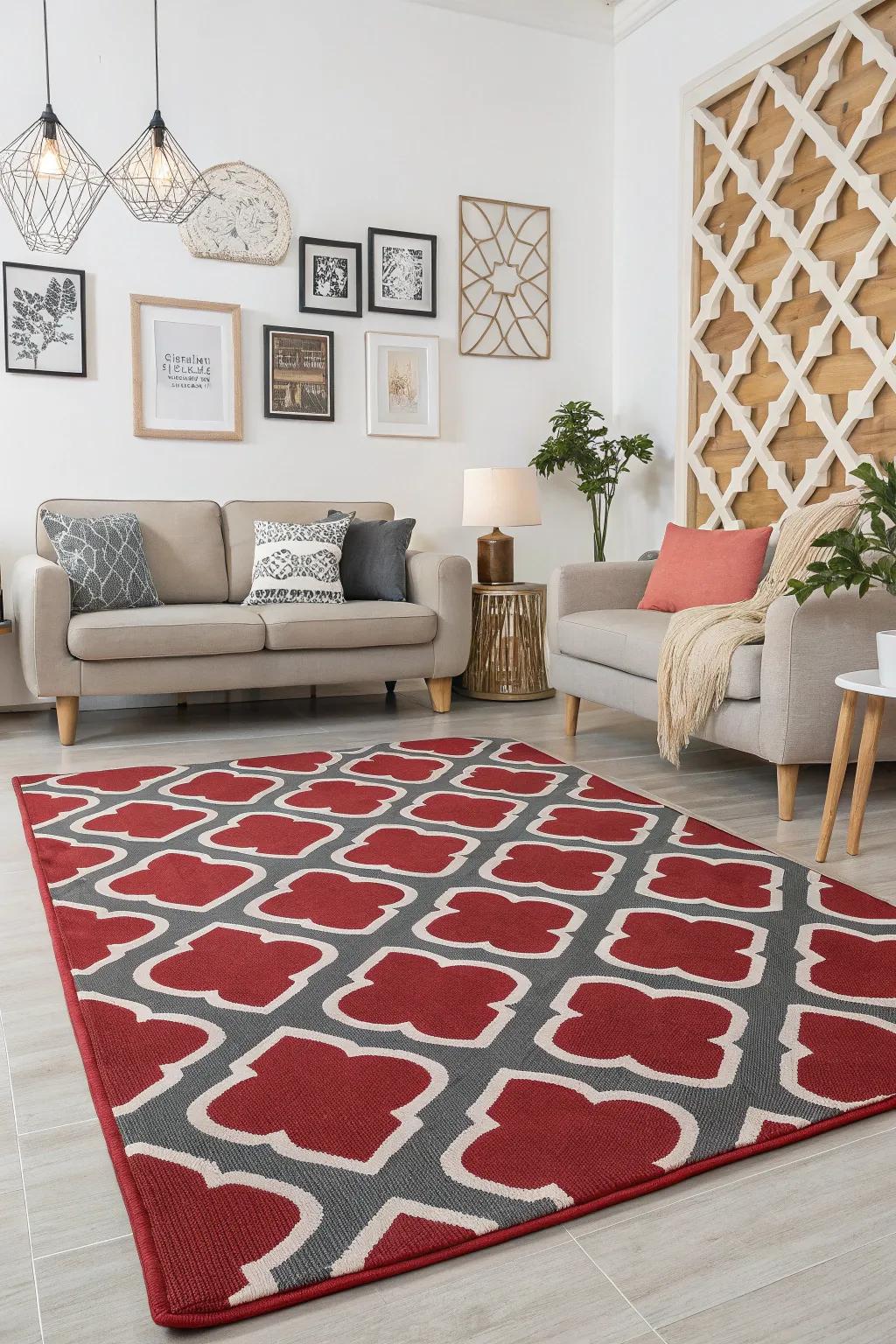 Symmetric designs breathe contemporary vitality into a scarlet and charcoal lounge.