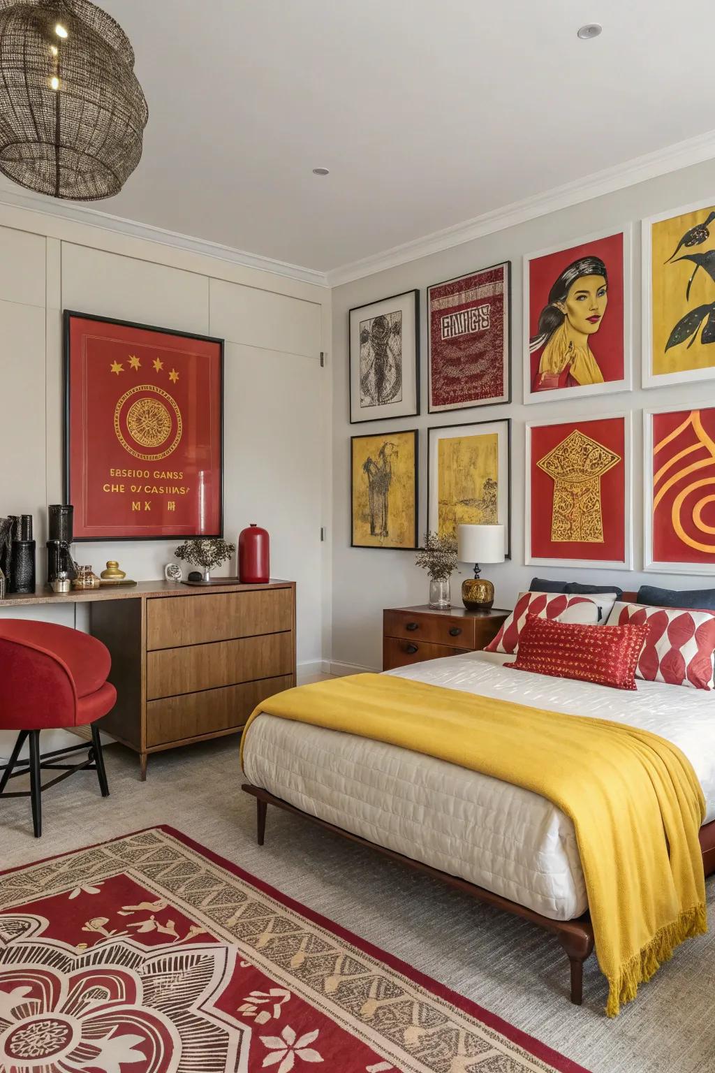 Artwork in red and yellow serves as a focal point, tying the room's design elements together.