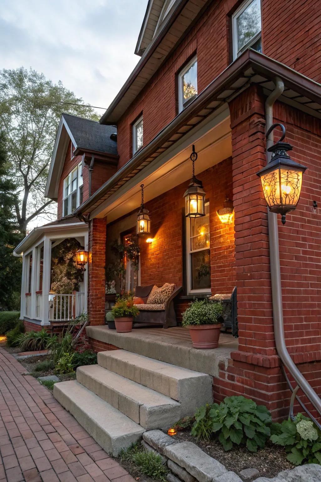 Classic beacons offer a nostalgic glow on this red brick porch.