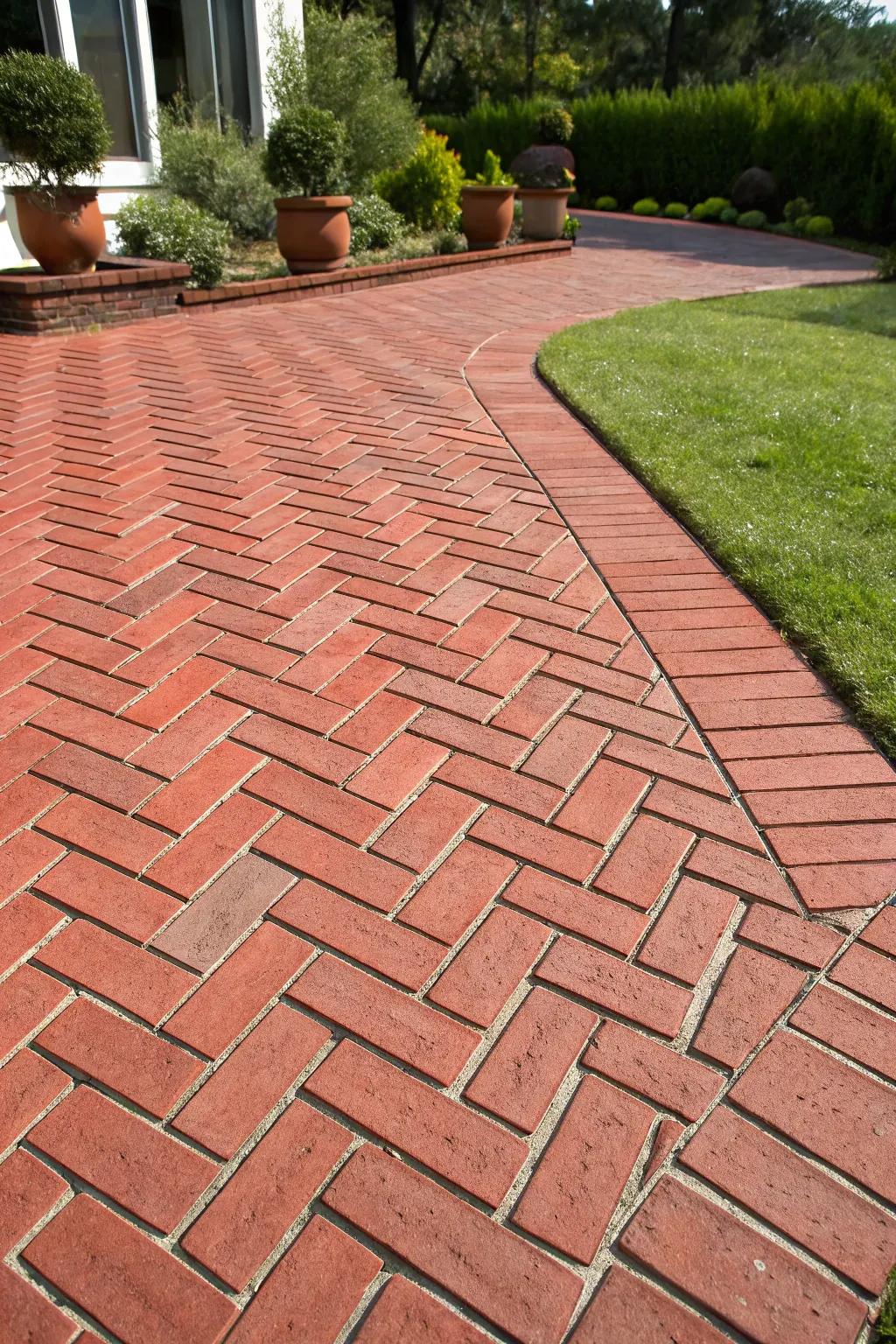 A red brick patio featuring a detailed herringbone pattern
