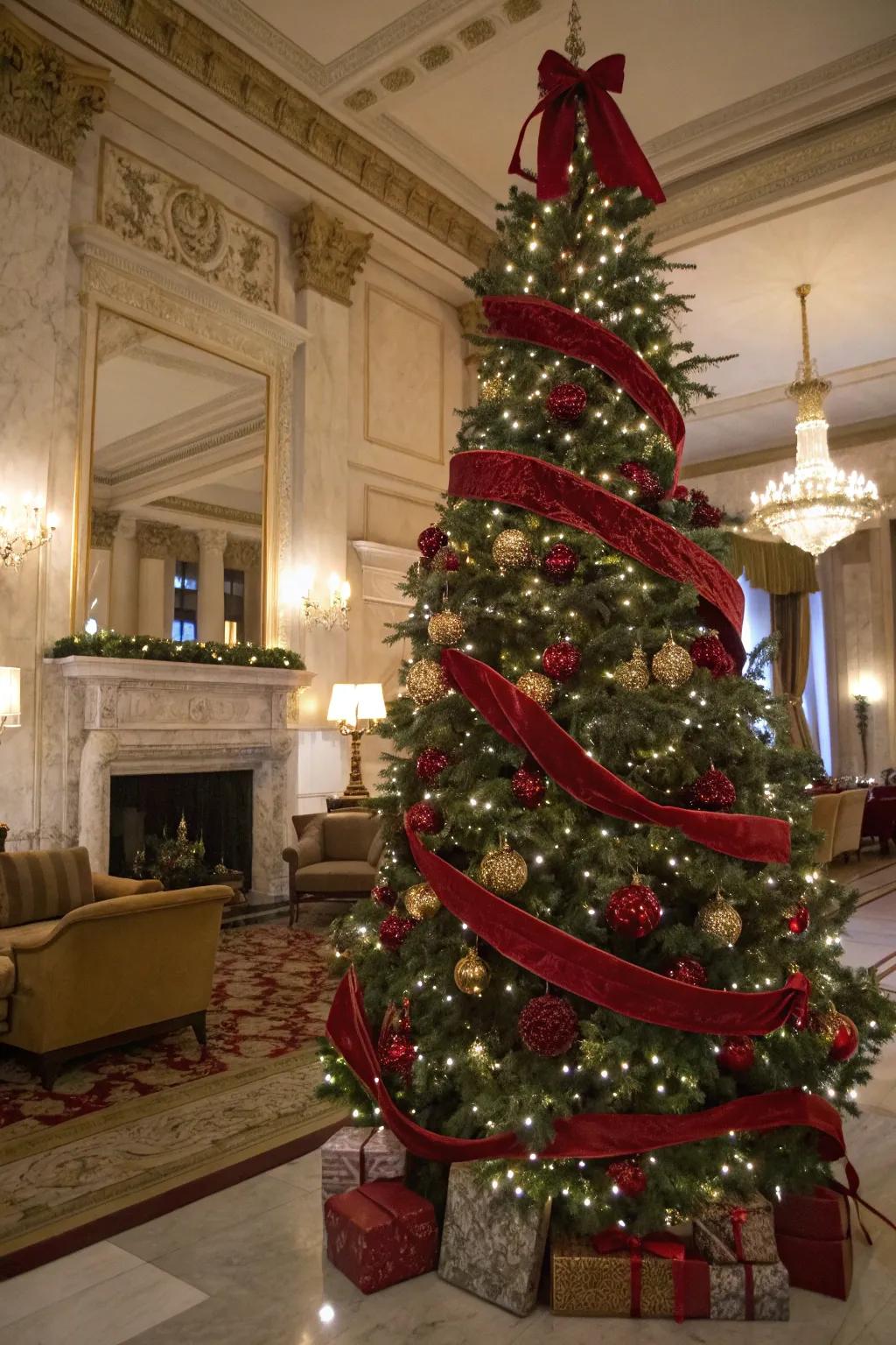 Elegant Christmas tree featuring scarlet velvet bands