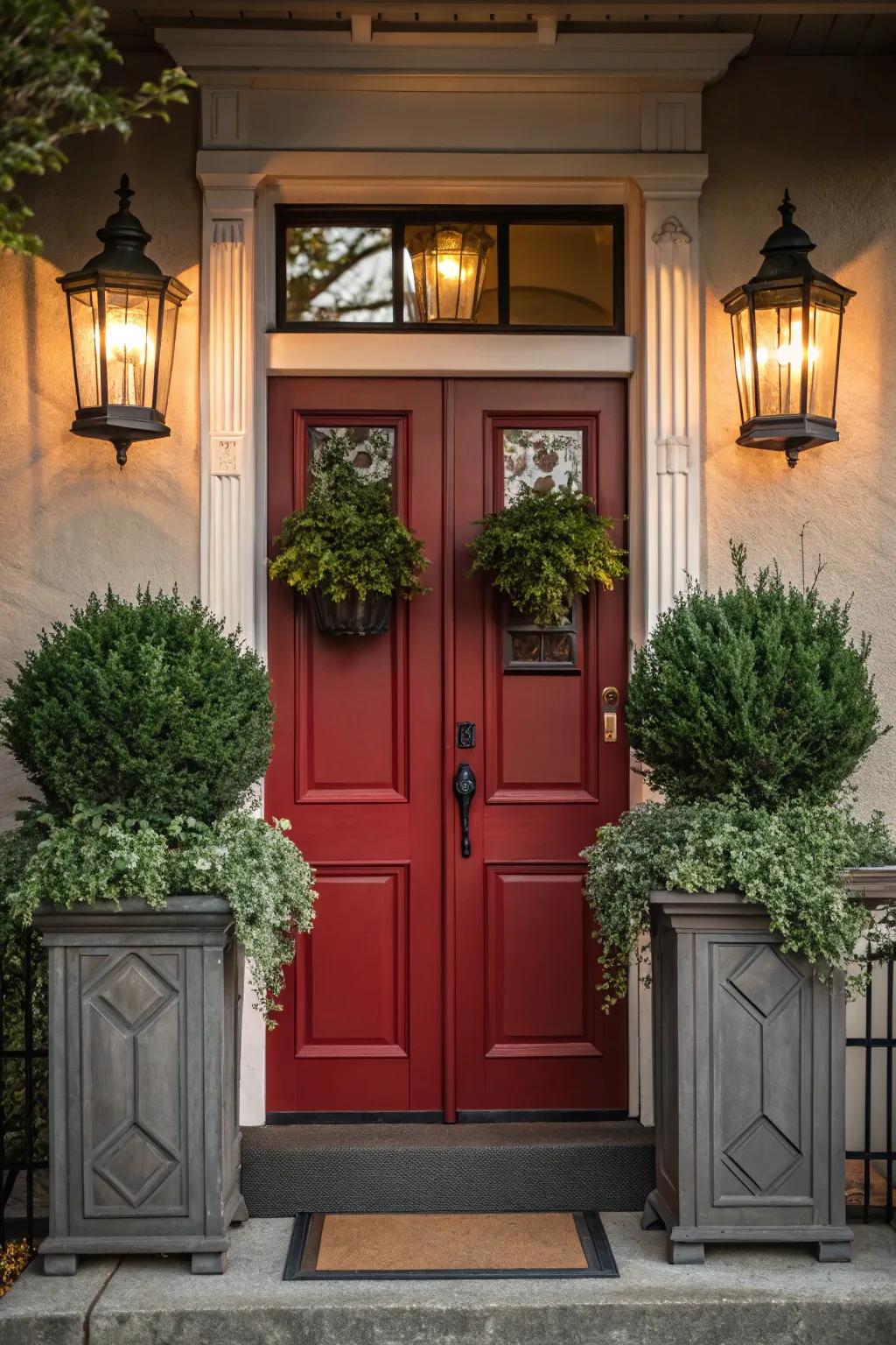 Symmetrically styled red door with matching decor elements.