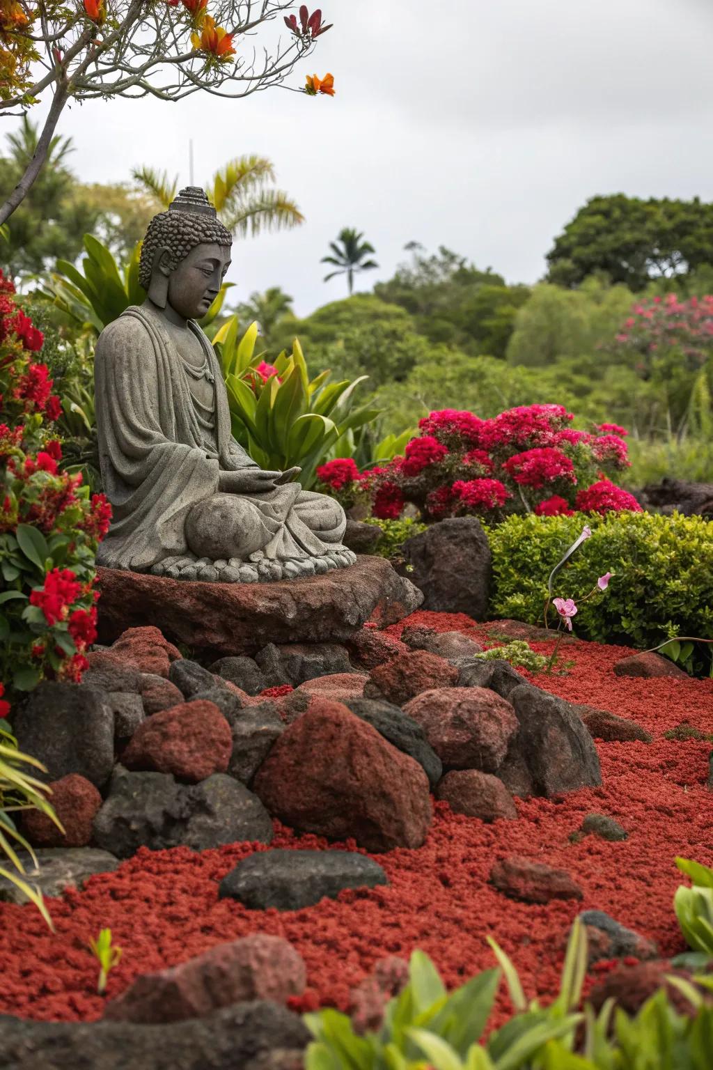 Scarlet igneous stones accentuate a garden statue, rendering it a focal attraction.