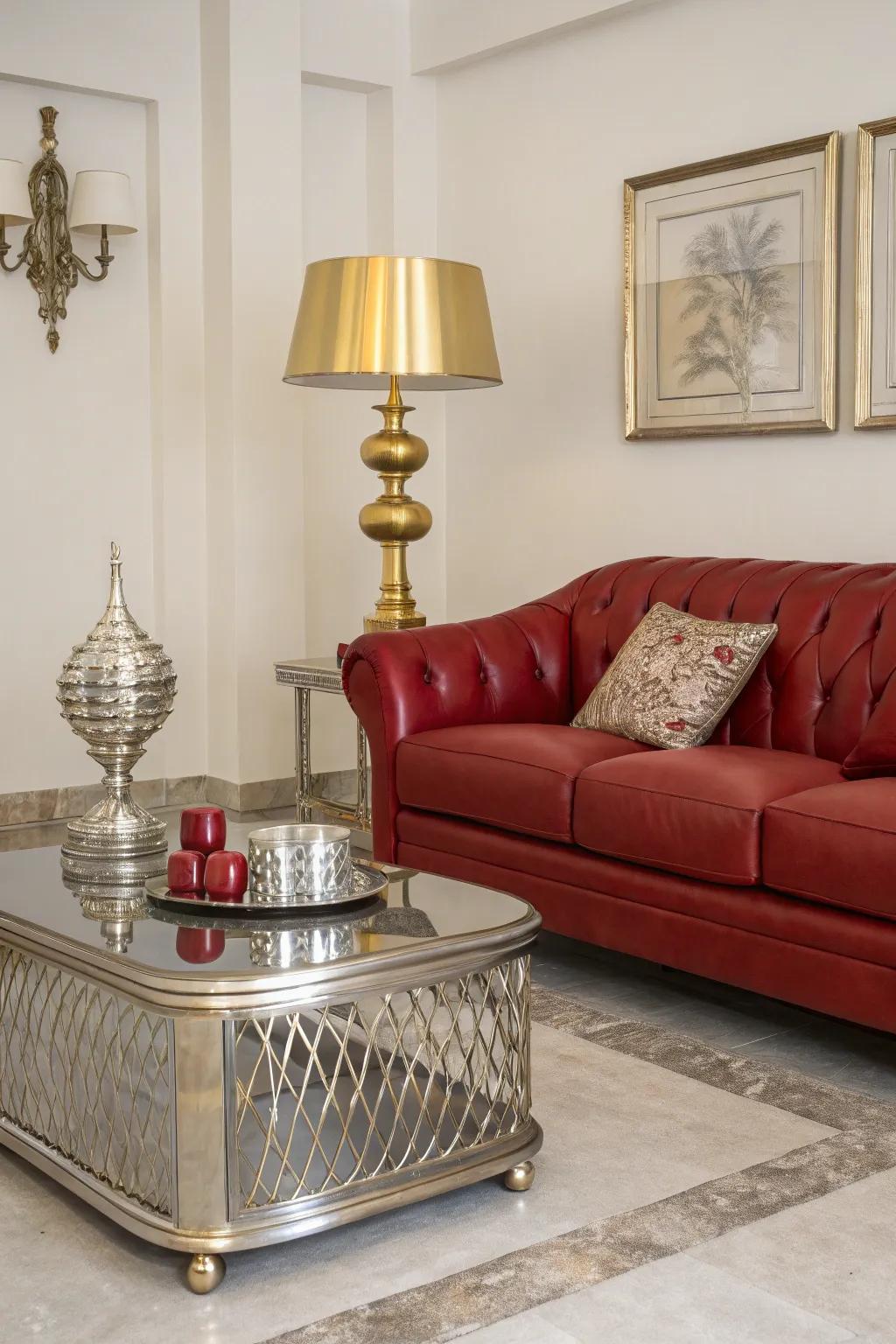 Shiny features bring a lavish feel to a space featuring a crimson hide lounge.