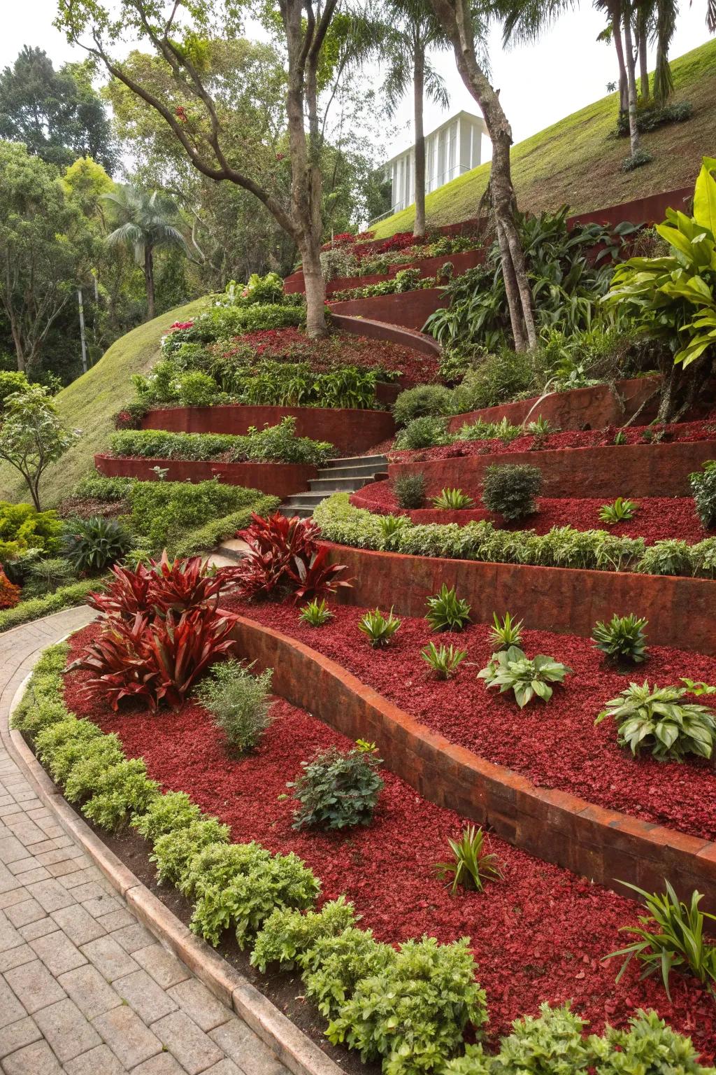 Scarlet ground cover in layered gardens adds depth and a structured facade.