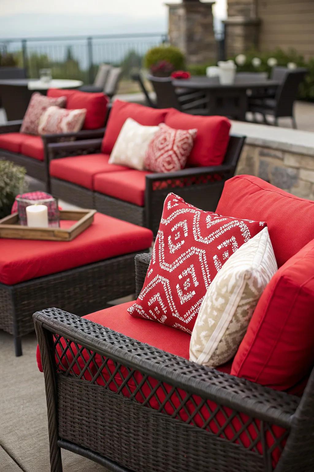 Scarlet cushions refresh the patio decor.