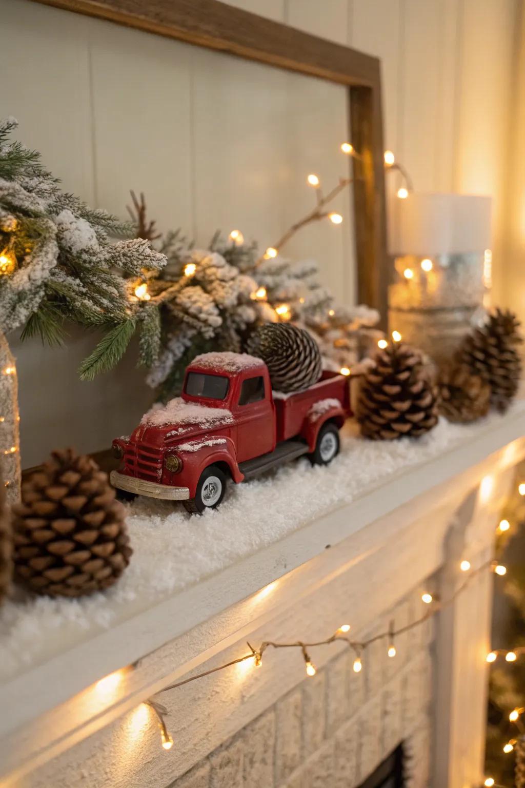 Cozy mantel decorated with a red truck and festive accents.