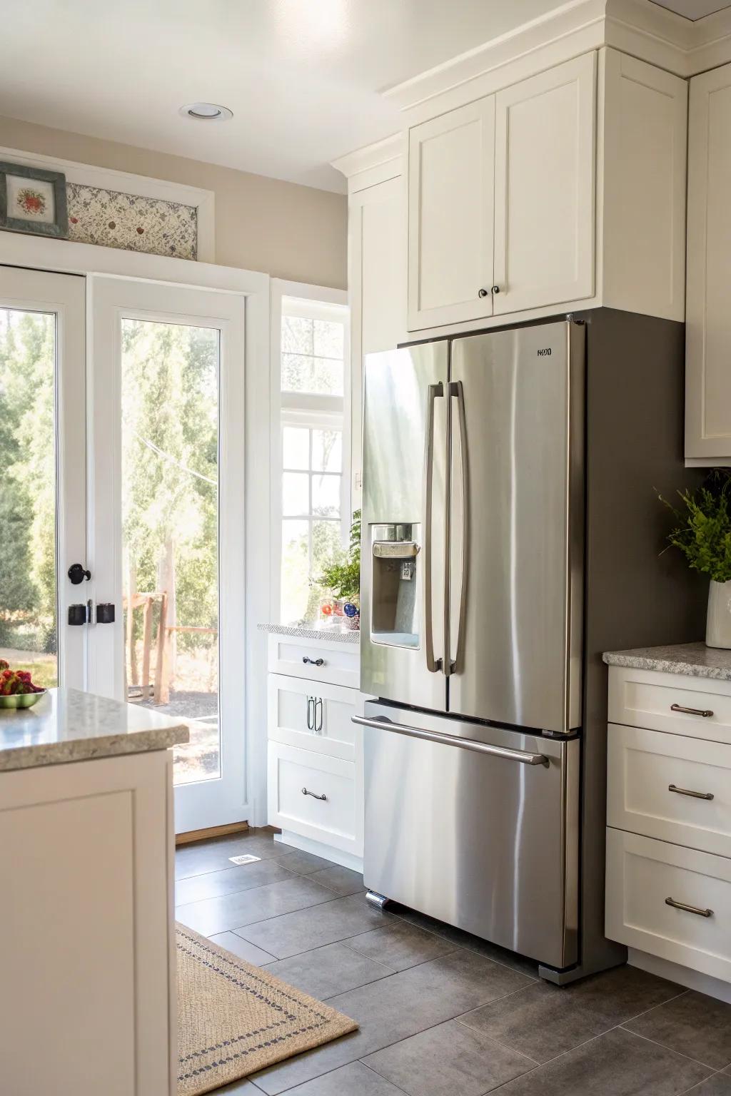 A kitchen featuring a stylish French-door refrigerator.