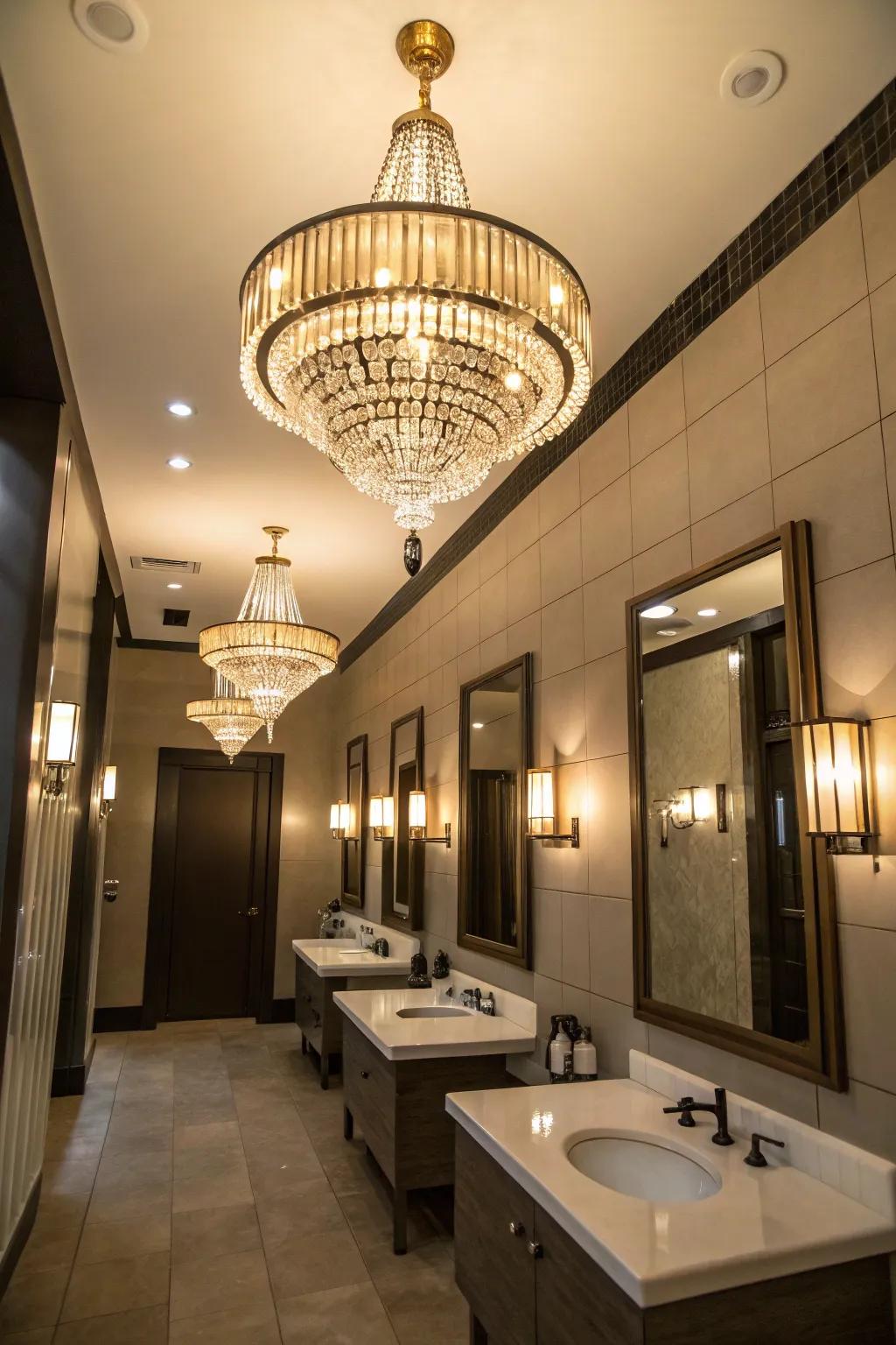 Statement lighting transforms this restroom into a sophisticated space.