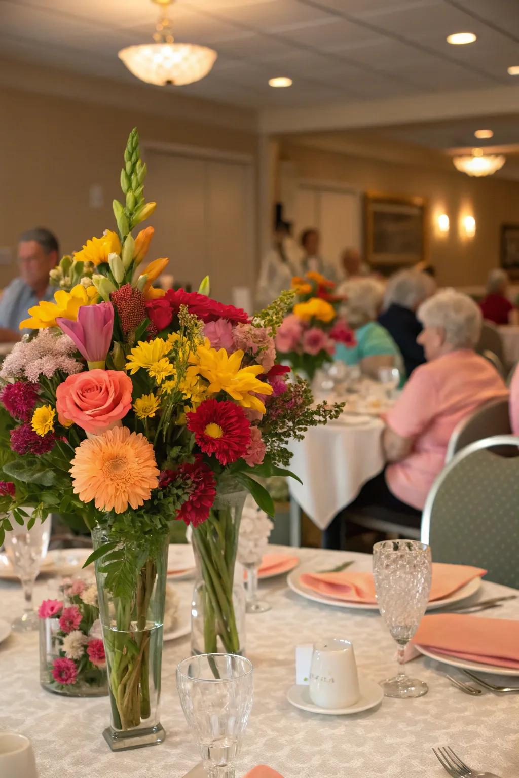 Floral centerpieces contribute refinement and freshness to the celebration.