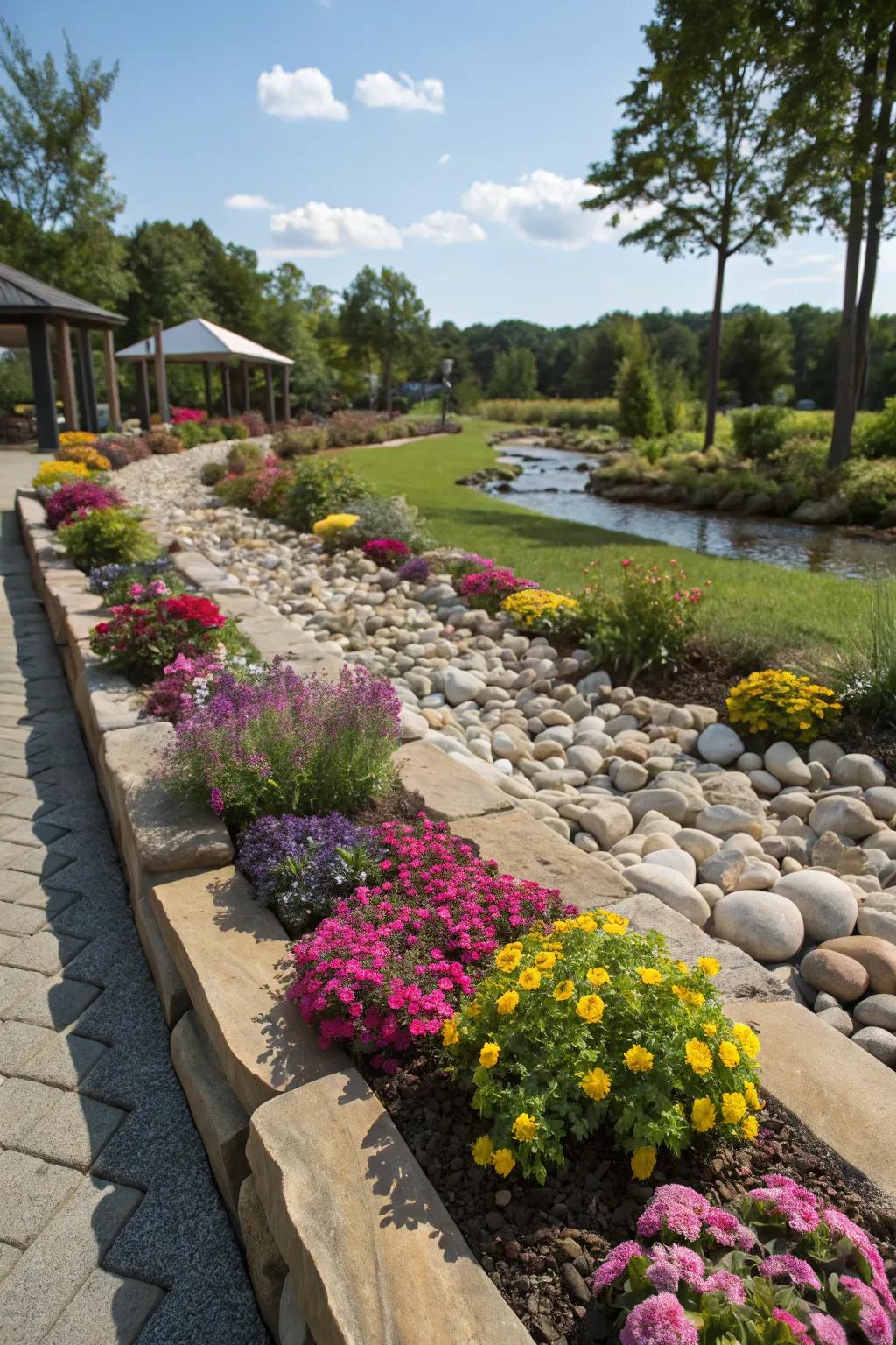 River rock borders provide structure and elegance to vibrant garden beds.