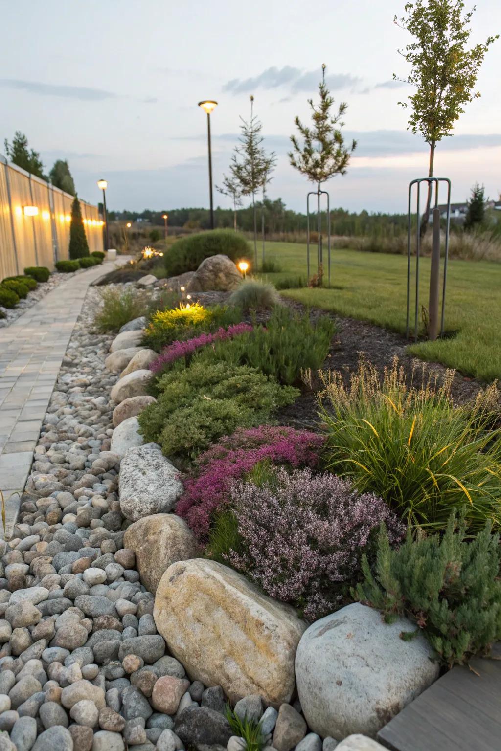 A harmonious blend of stones and plants making a lush garden border.