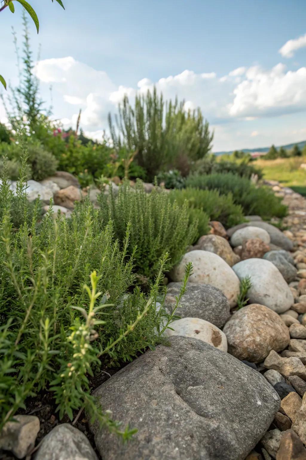 A rock garden bursting with fragrant herbs for a tactile experience.